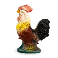 Antique Saint-Clément French Faience Rooster Sculpture, 1900-1930