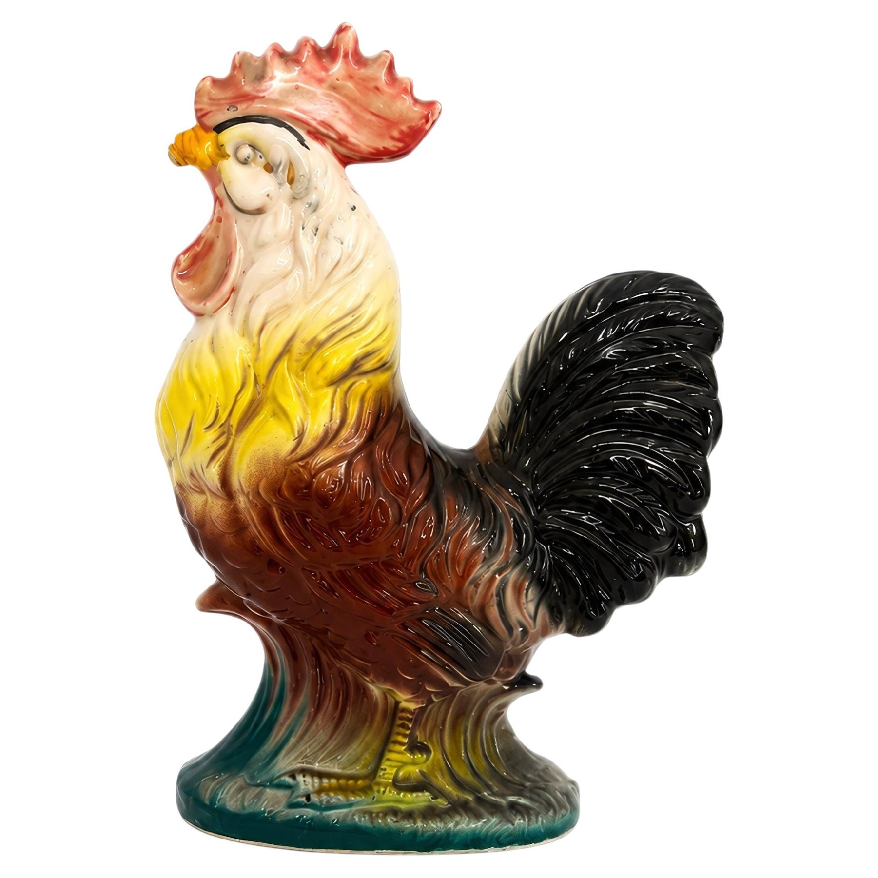 Antique Saint-Clément French Faience Rooster Sculpture, 1900-1930 For Sale
