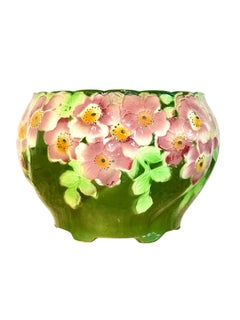 Antique Saint-Clément Majolica Jardinière with Pink and Green Floral Motif