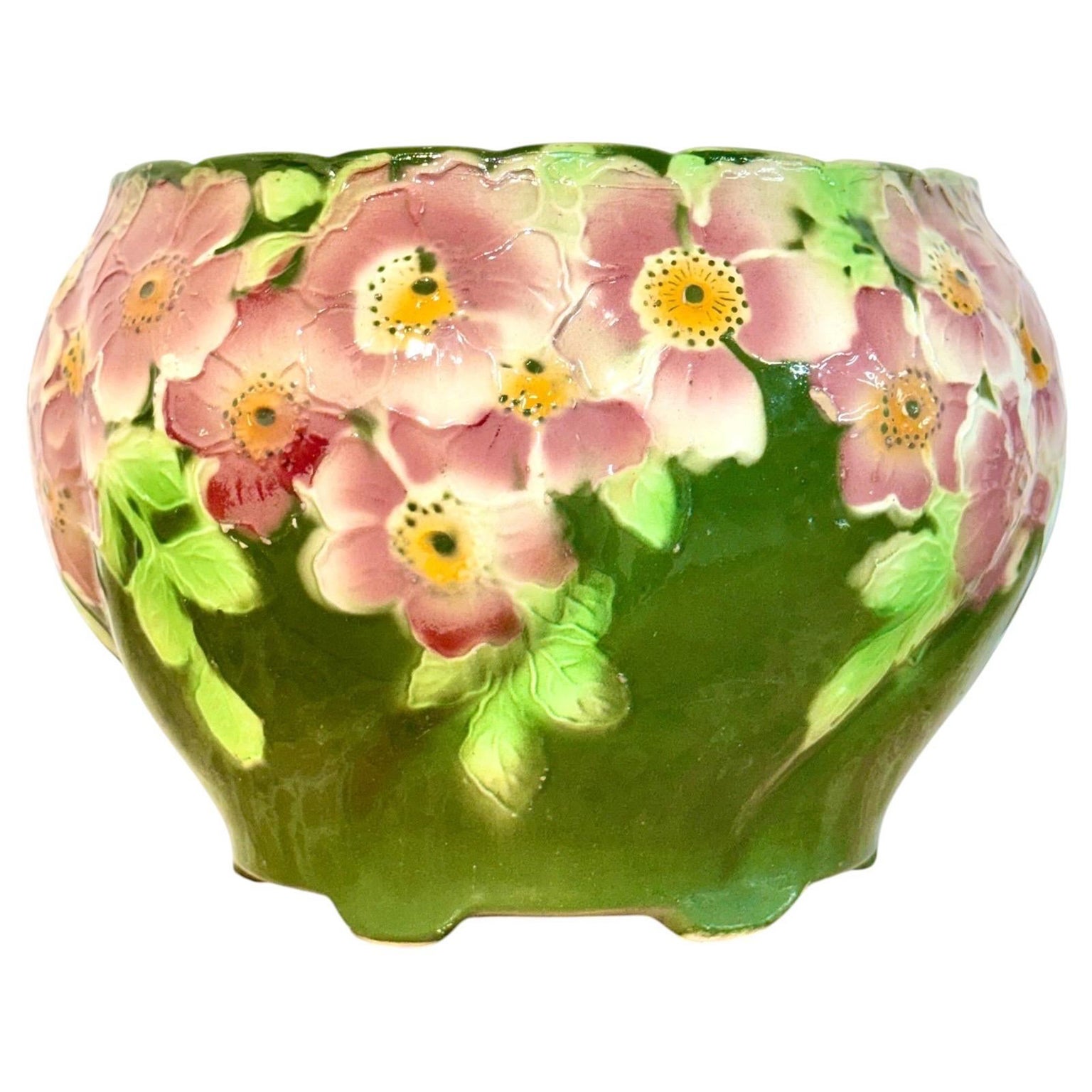 Antique Saint-Clément Majolica Jardinière with Pink and Green Floral Motif For Sale