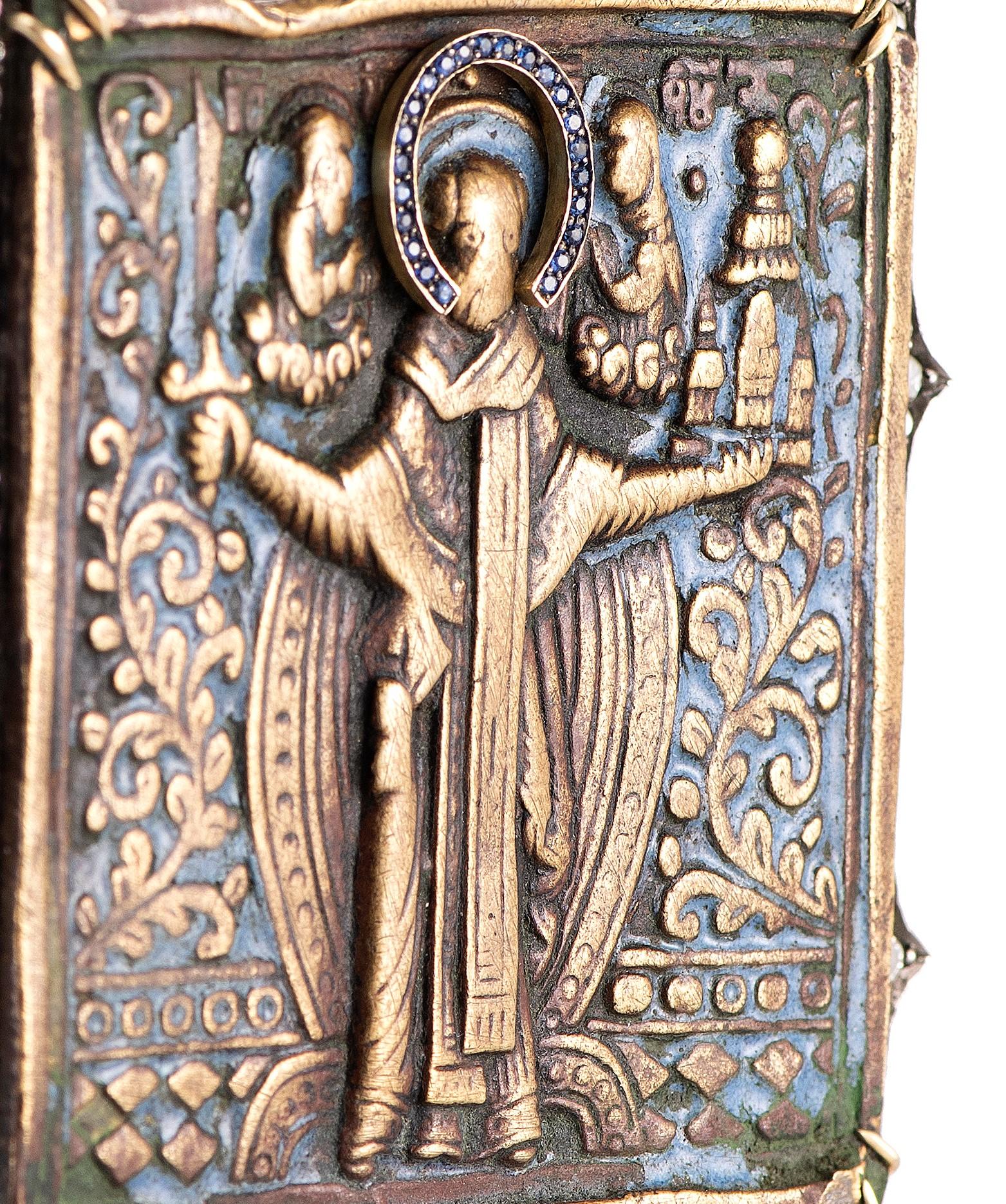 Single Cut Antique Saint Nicholas Russian Travel Icon Pendant with Reclaimed Diamonds For Sale