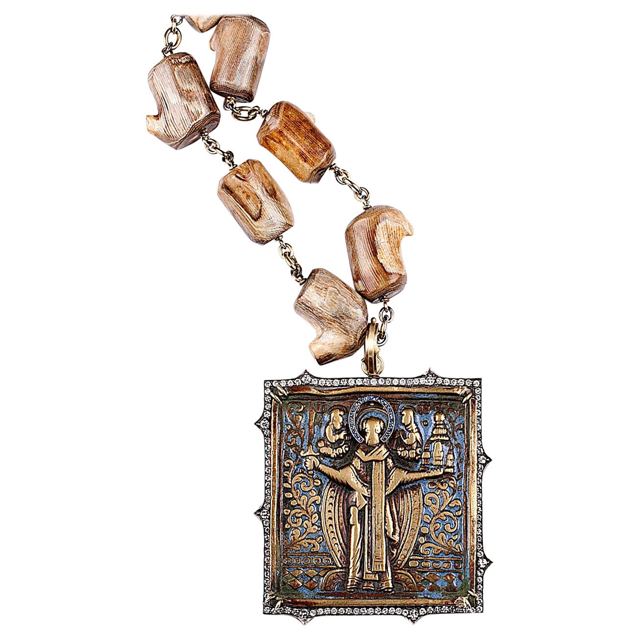 Antique Saint Nicholas Russian Travel Icon Pendant with Reclaimed Diamonds For Sale