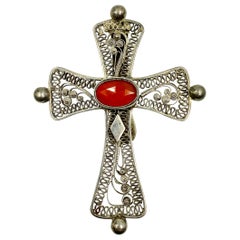 Antique Saint Peter's Cross Silver Filigree, Carnelian, A. F. Schultz, 1850