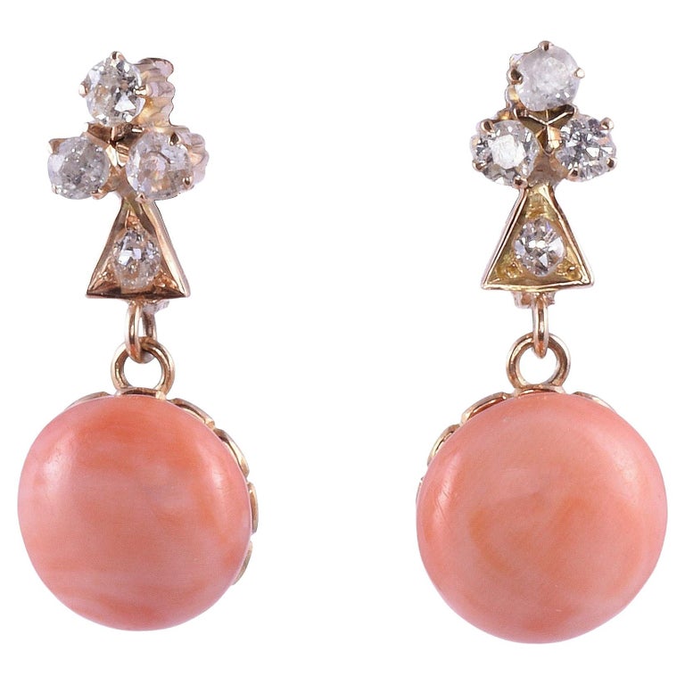 Antique Salmon Coral and Diamond 18K Earrings For Sale at 1stDibs