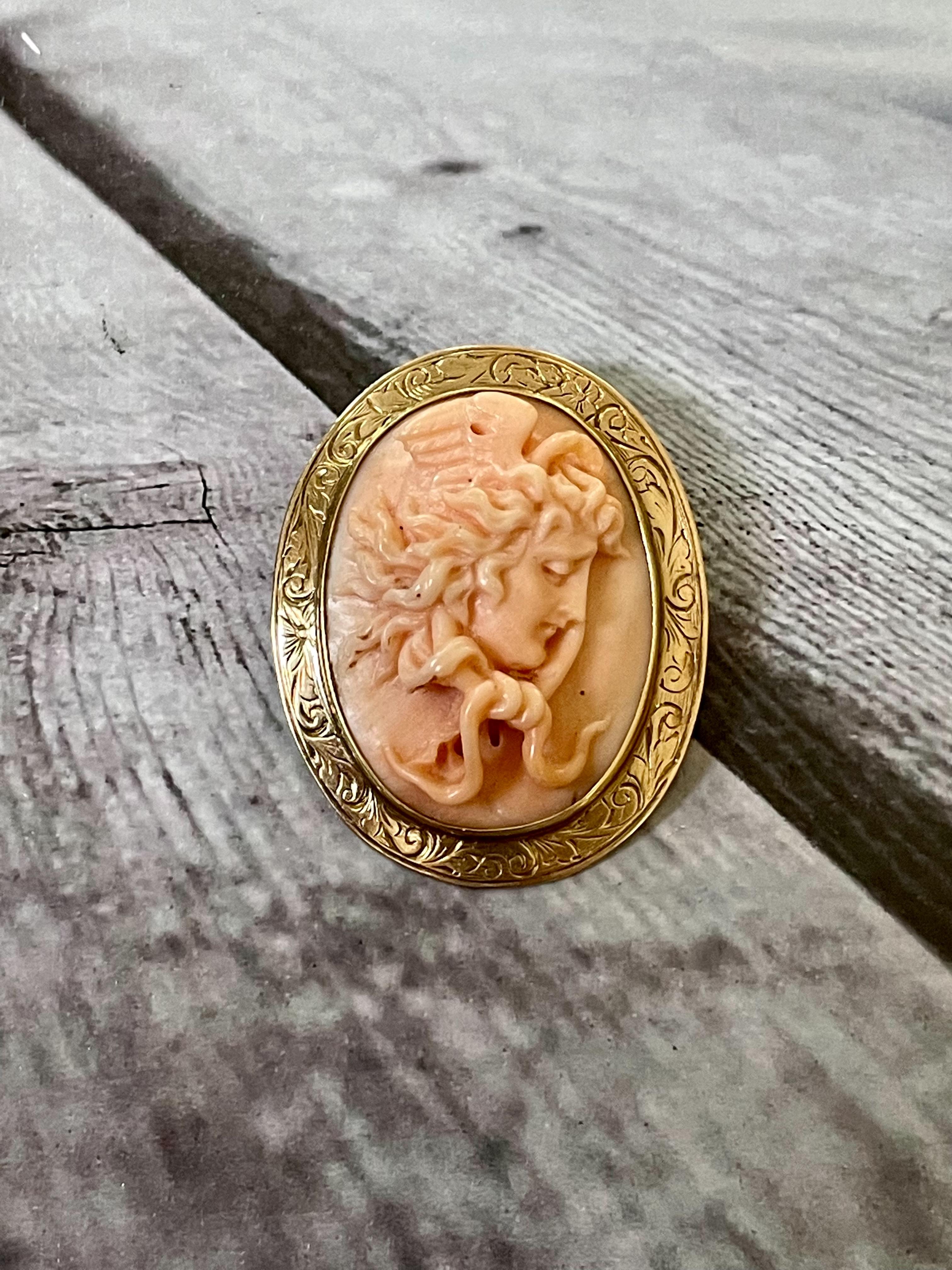 Antique Salmon Coral Gorgon Medusa Cameo 14 Karat Yellow Gold Brooch/Pendant In Good Condition In St. Louis Park, MN