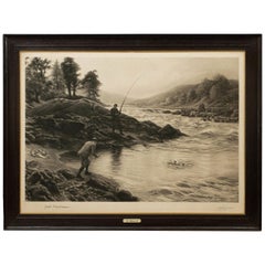 Antique Salmon Fishing Engraving, Salmon Fishing on the Dee by Joseph Farquharso