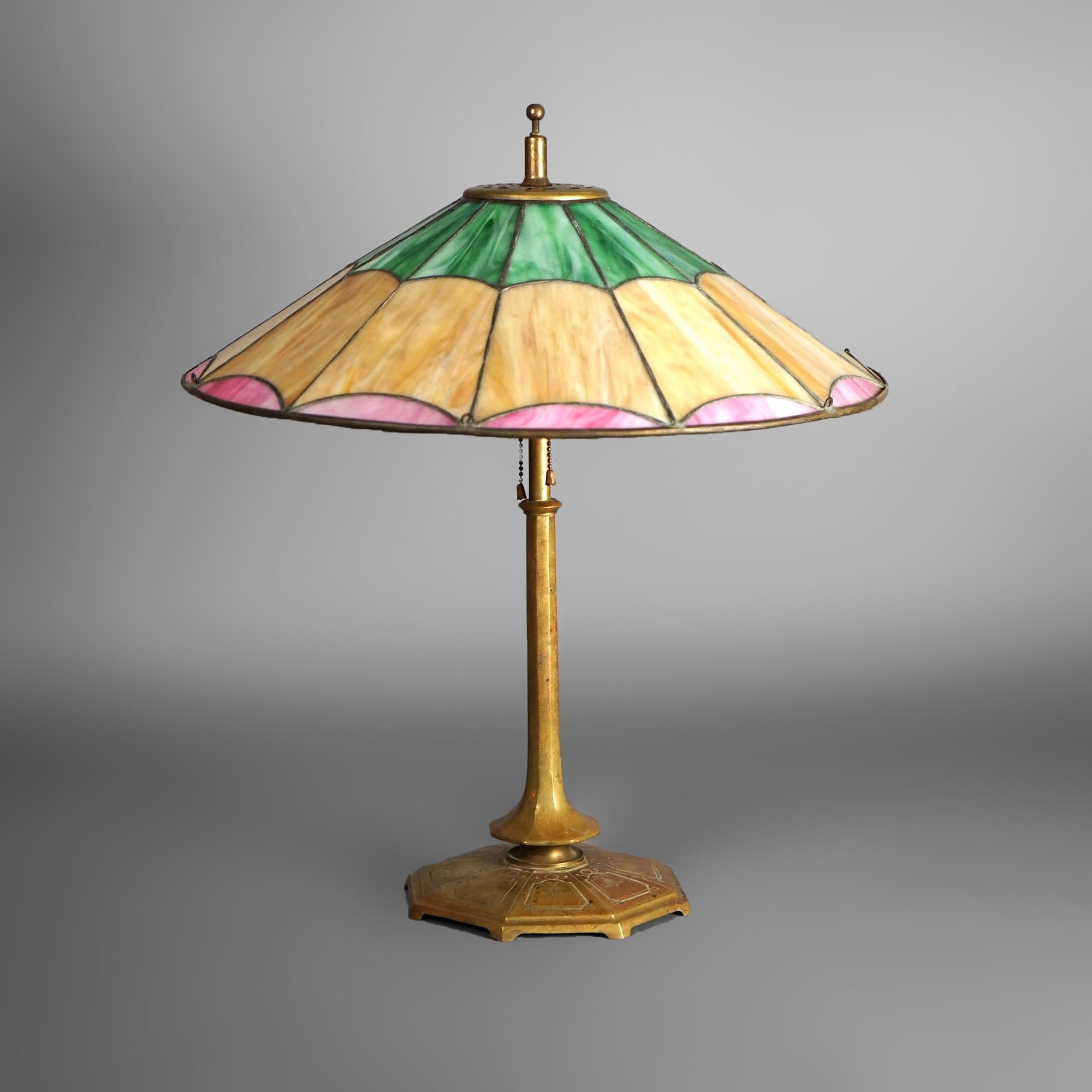 Antique Salo Leaded Slag Glass Table Lamp with Bronze Base C1920 7