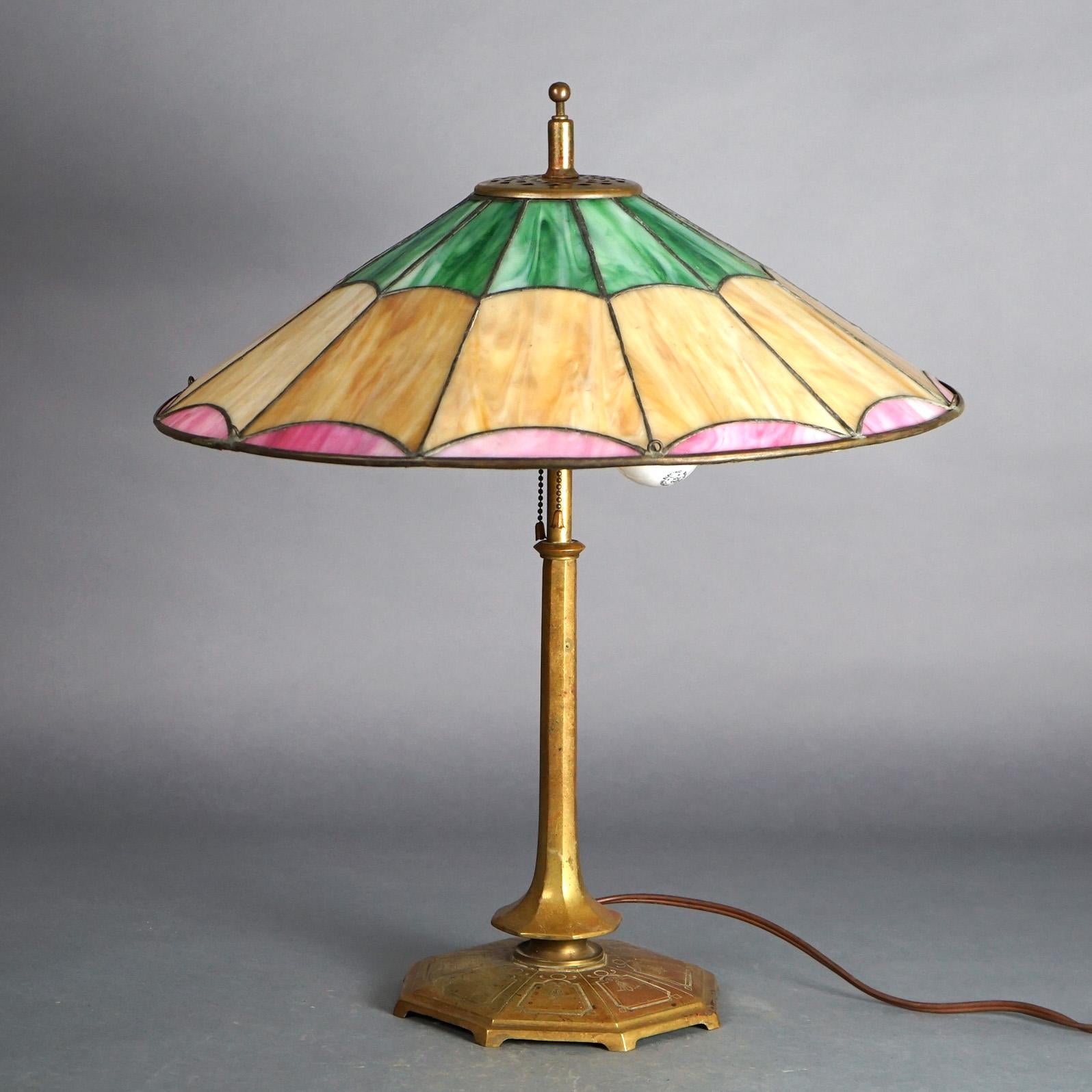 Antique Salo Leaded Pink, Green & Camel Slag Glass Table Lamp with Bronze Base C1920

Measures - 23.25