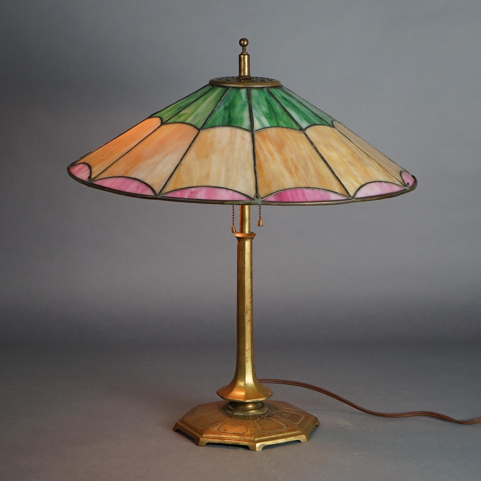Antique Salo Leaded Slag Glass Table Lamp with Bronze Base C1920 1