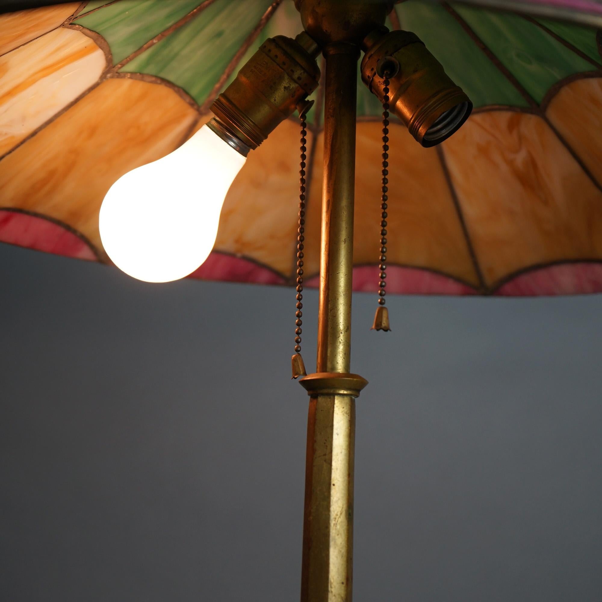 Antique Salo Leaded Slag Glass Table Lamp with Bronze Base C1920 2