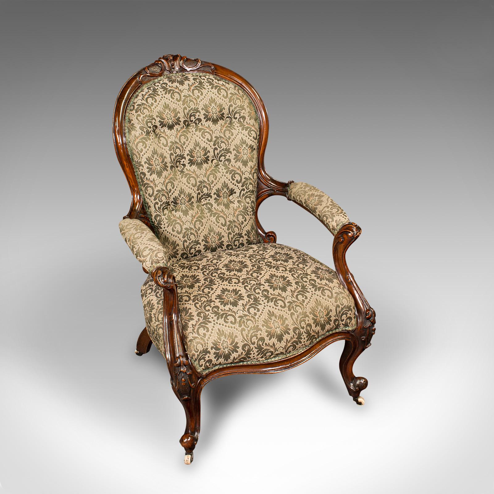 British Antique Salon Chair, English, Walnut, Armchair, Early Victorian, circa 1840 For Sale