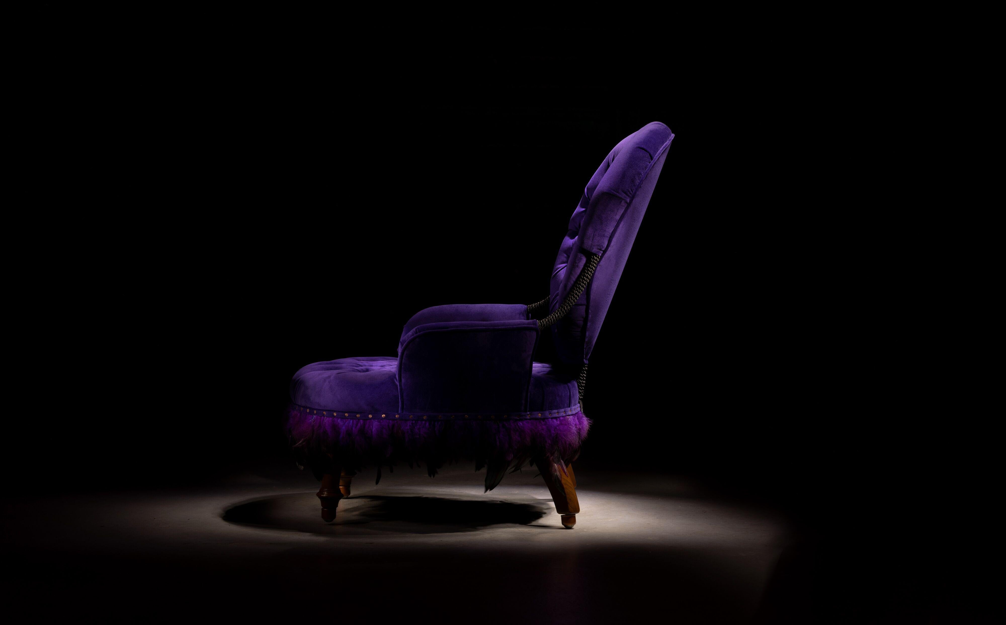 Antique salon chair purple reign burlesque chair, circa 1875

A truly unique one-off piece of furniture art in the form of a beautiful iron-framed Victorian chair that has been recreated into this stunning piece of eclectic furniture.

Fully