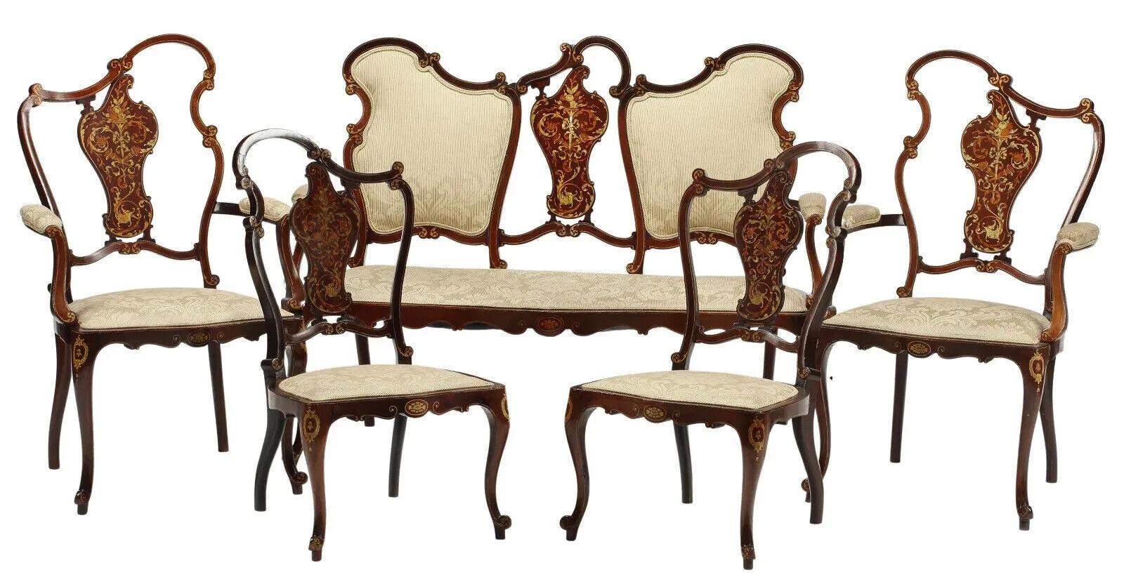 Fabric Antique Salon Set, Austrian, Inlaid, 5-Piece Set, Settee with 4 Chairs!! For Sale