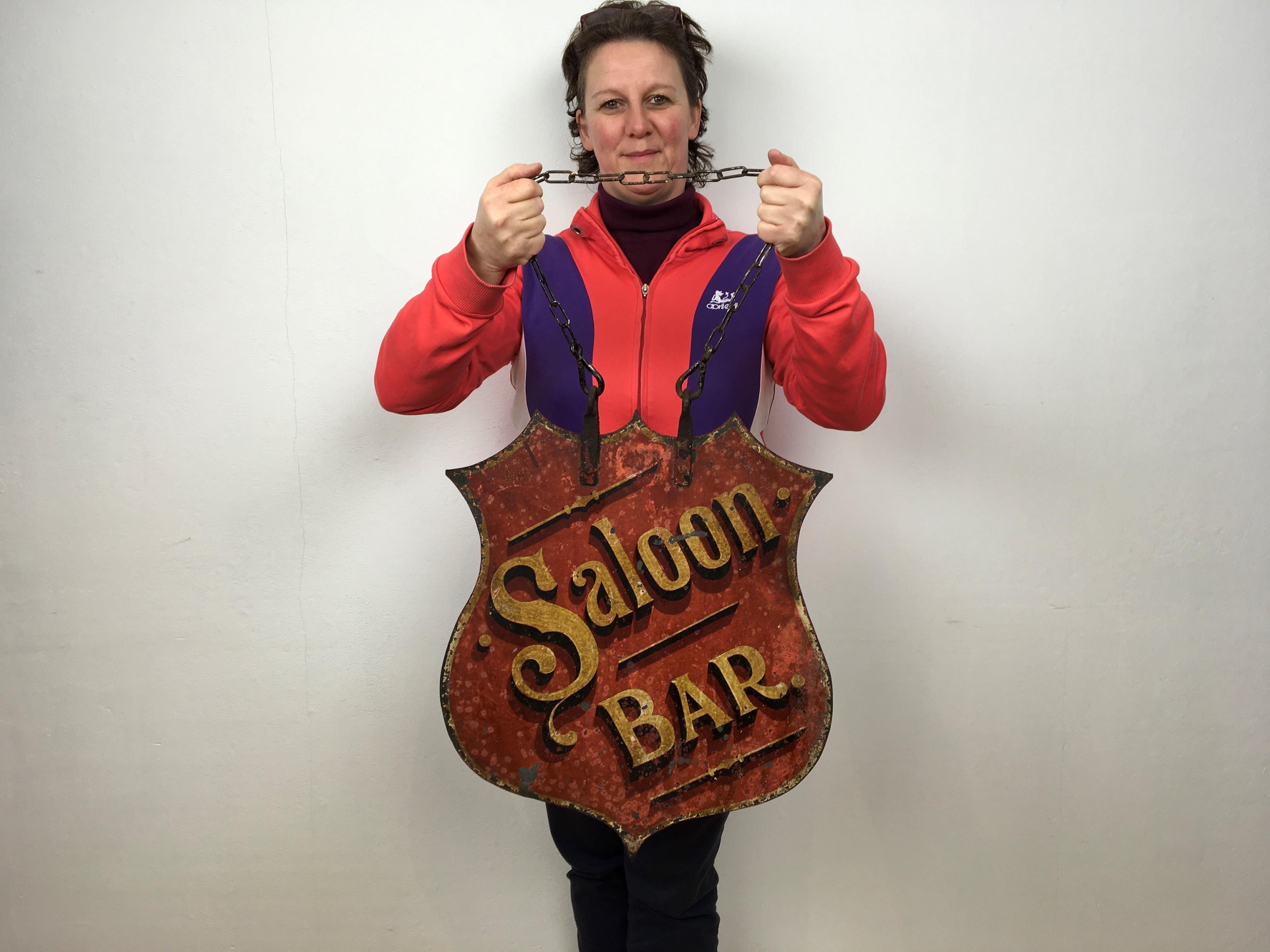 Antique saloon bar pub sign. 
This hand-crafted red saloon bar sign with chain, will look great in your mancave, 
pub, homebar etc.
Can be hung at the wall, on the ceiling etc.
Great looking old sign - antique sign - signboard with lots of charm