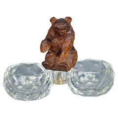 Antique Salt and Pepper Bowl with Wooden Carved Bear