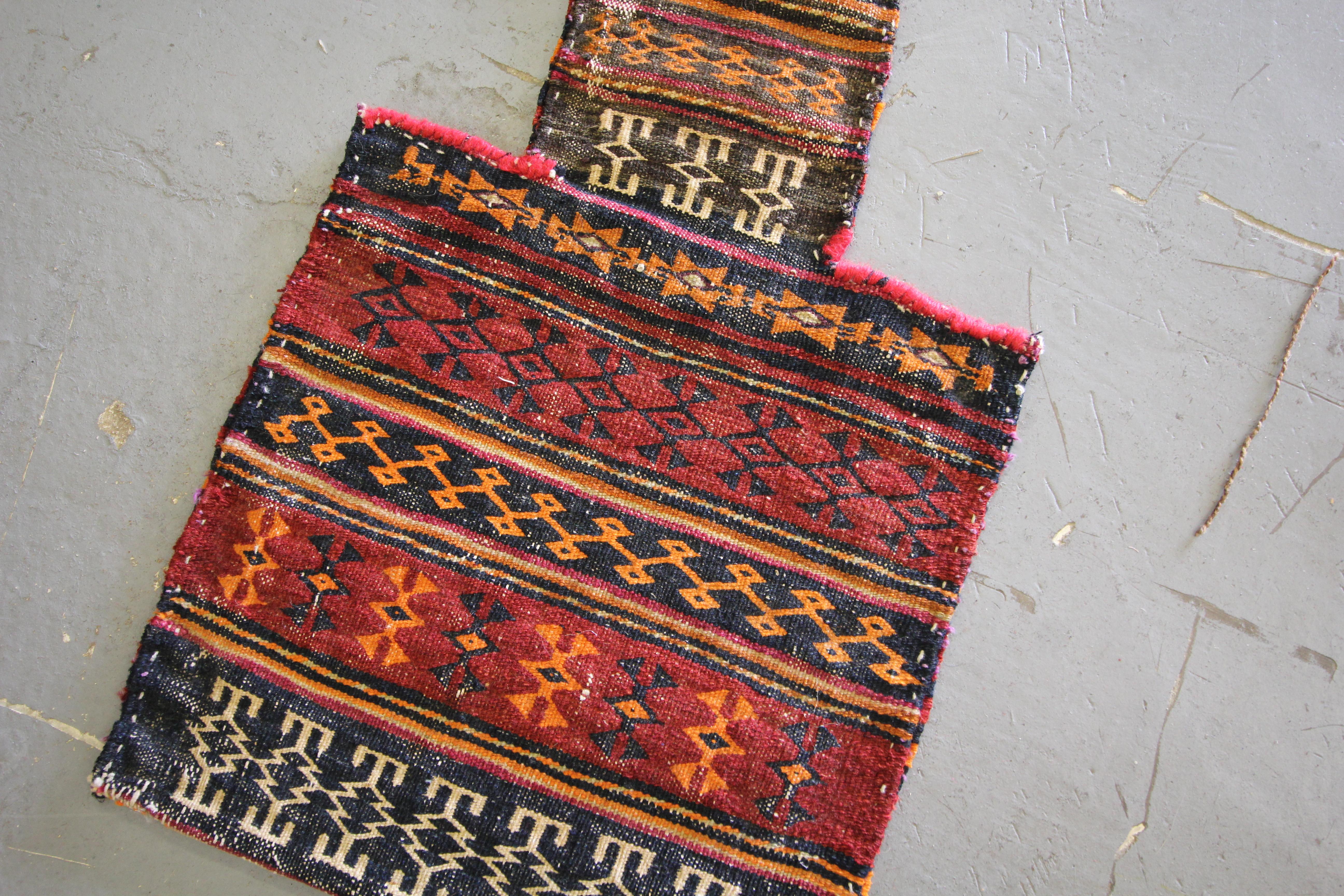 Tribal Antique Rug Salt Bag Handwoven Oriental Rug Blue Red Wool Salt Bag For Sale