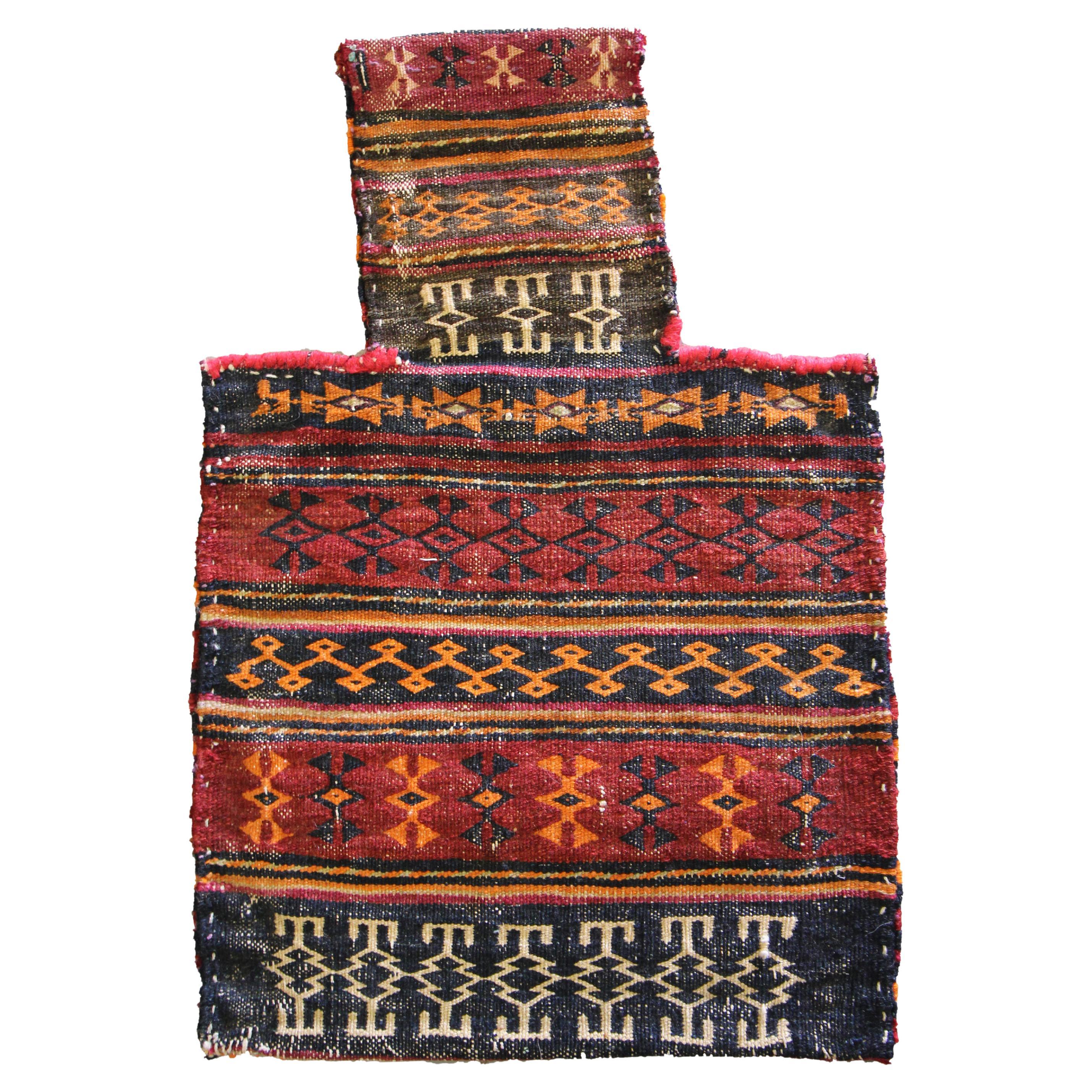 Antique Rug Salt Bag Handwoven Oriental Rug Blue Red Wool Salt Bag For Sale