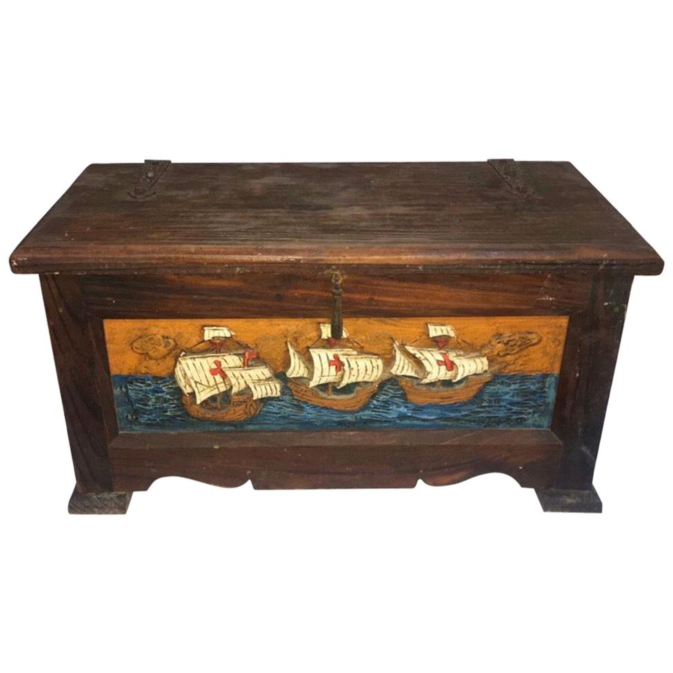 Antique Salt Cedar Chest, Hand Carved Painted Spanish Red Cross Galleon Ships For Sale