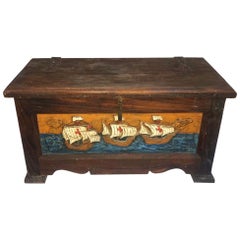 Antique Salt Cedar Chest, Hand Carved Painted Spanish Red Cross Galleon Ships