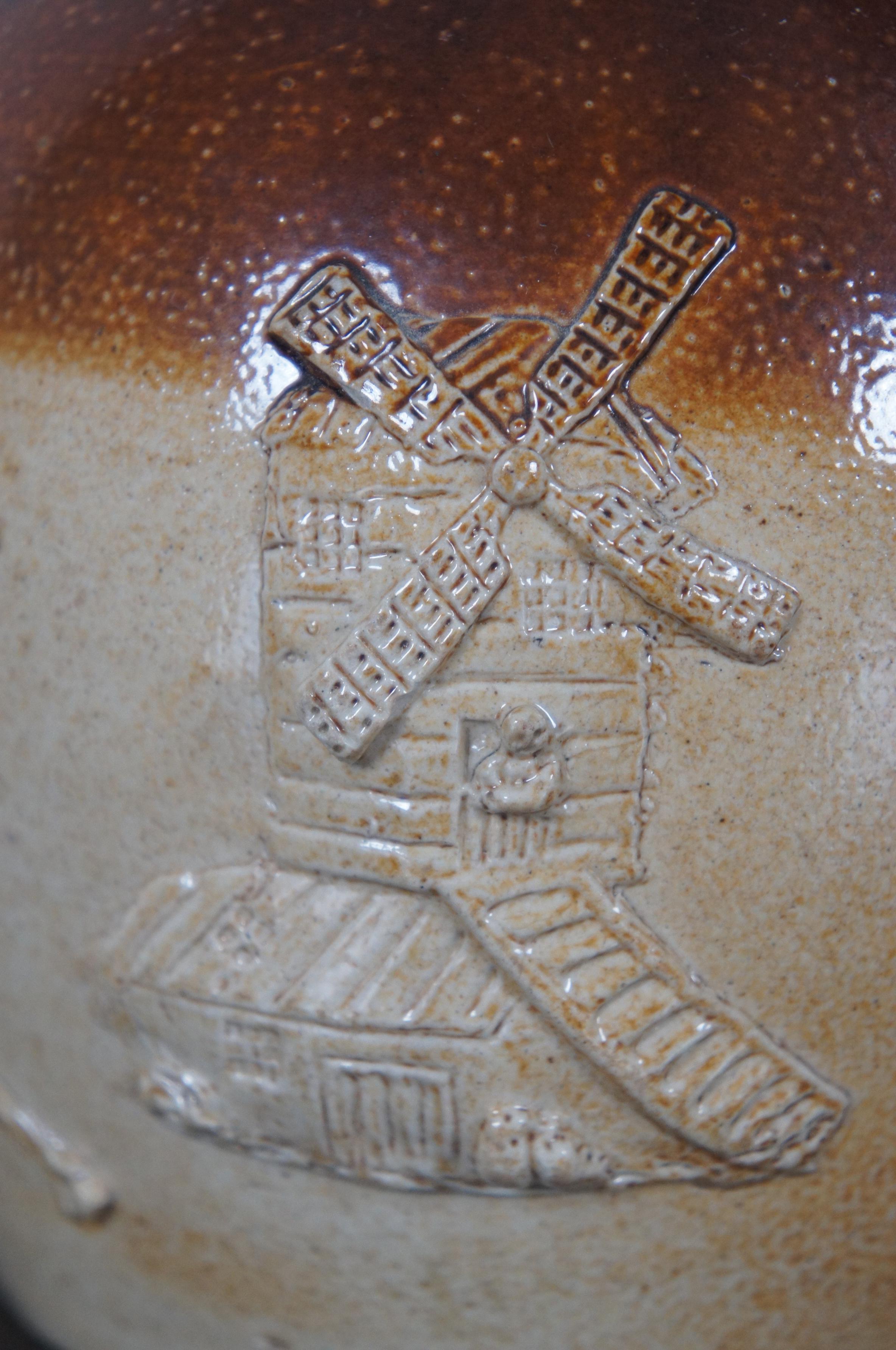 Antique Salt Glaze Two Tone Stoneware Pitcher Fox Hunt Scene Windmill For Sale 1