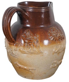Antique Salt Glaze Two Tone Stoneware Pitcher Fox Hunt Scene Windmill