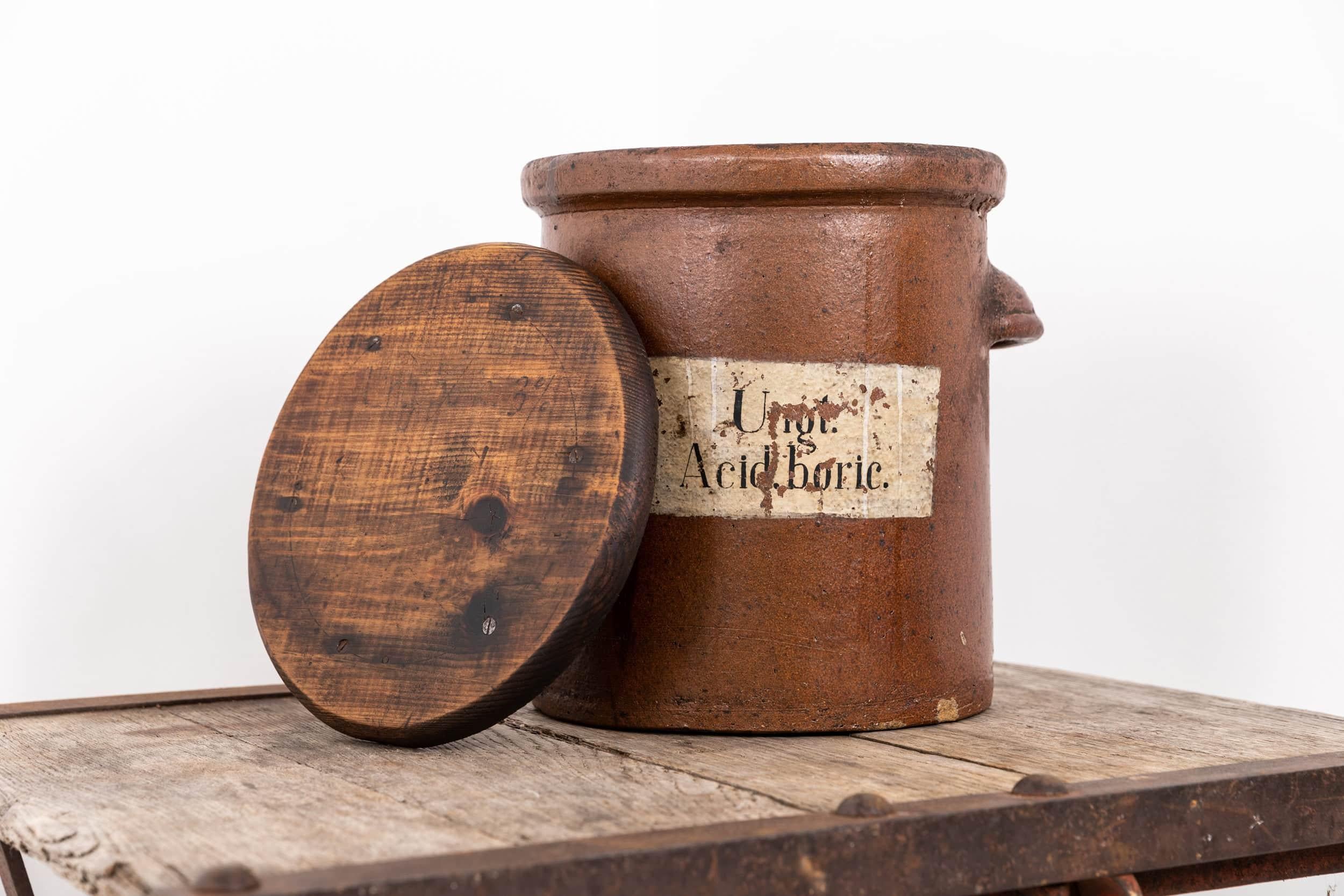 Édouardien Ancienne jarre d'apothicaire émaillée au sel et peinte à la main, pot de bouche d'apothicaire, vers 1900 en vente