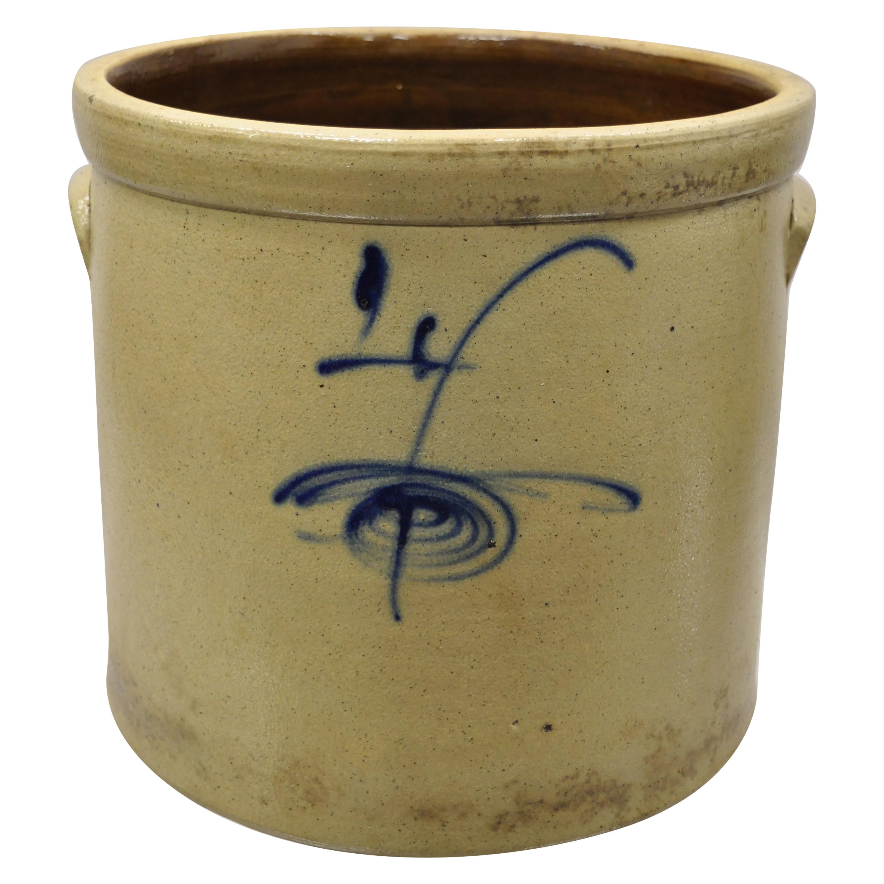 Antique Salt Glazed Stoneware Pottery Crock Pot with Cobalt Blue Design