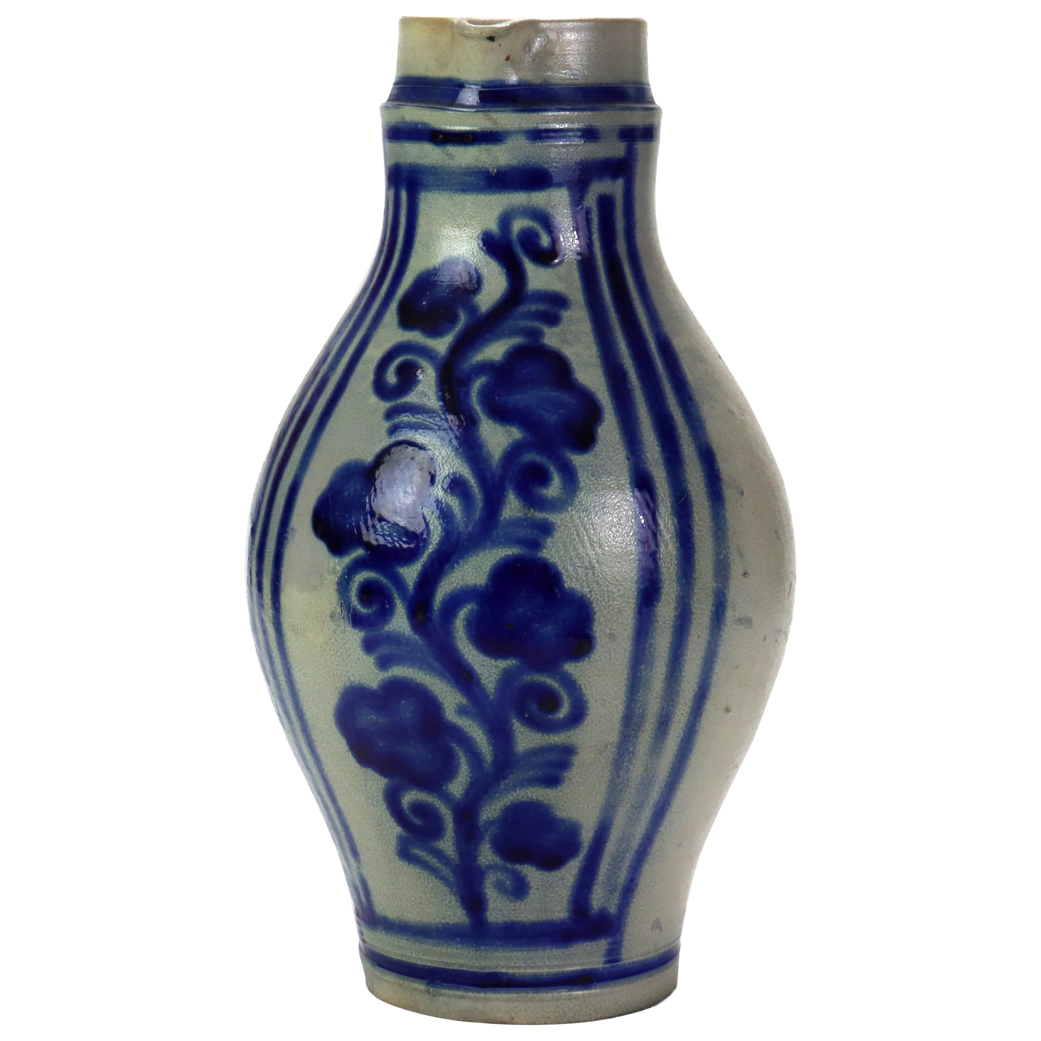 Antique Salt Glazed Stoneware Westerwald Flagon with Floral Pattern C1870