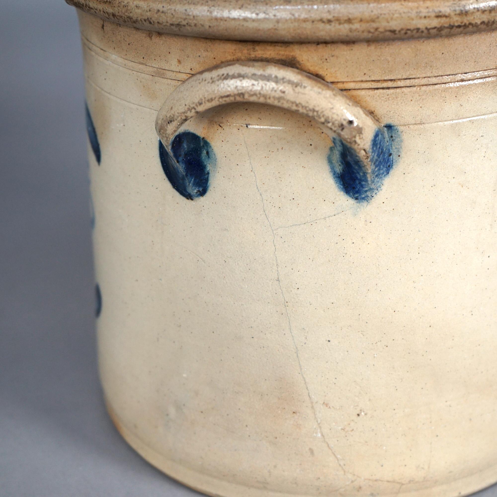 19th Century Antique Salt Glazed T. Harrington Lyons Blur Decorated Stoneware Crock  c1870