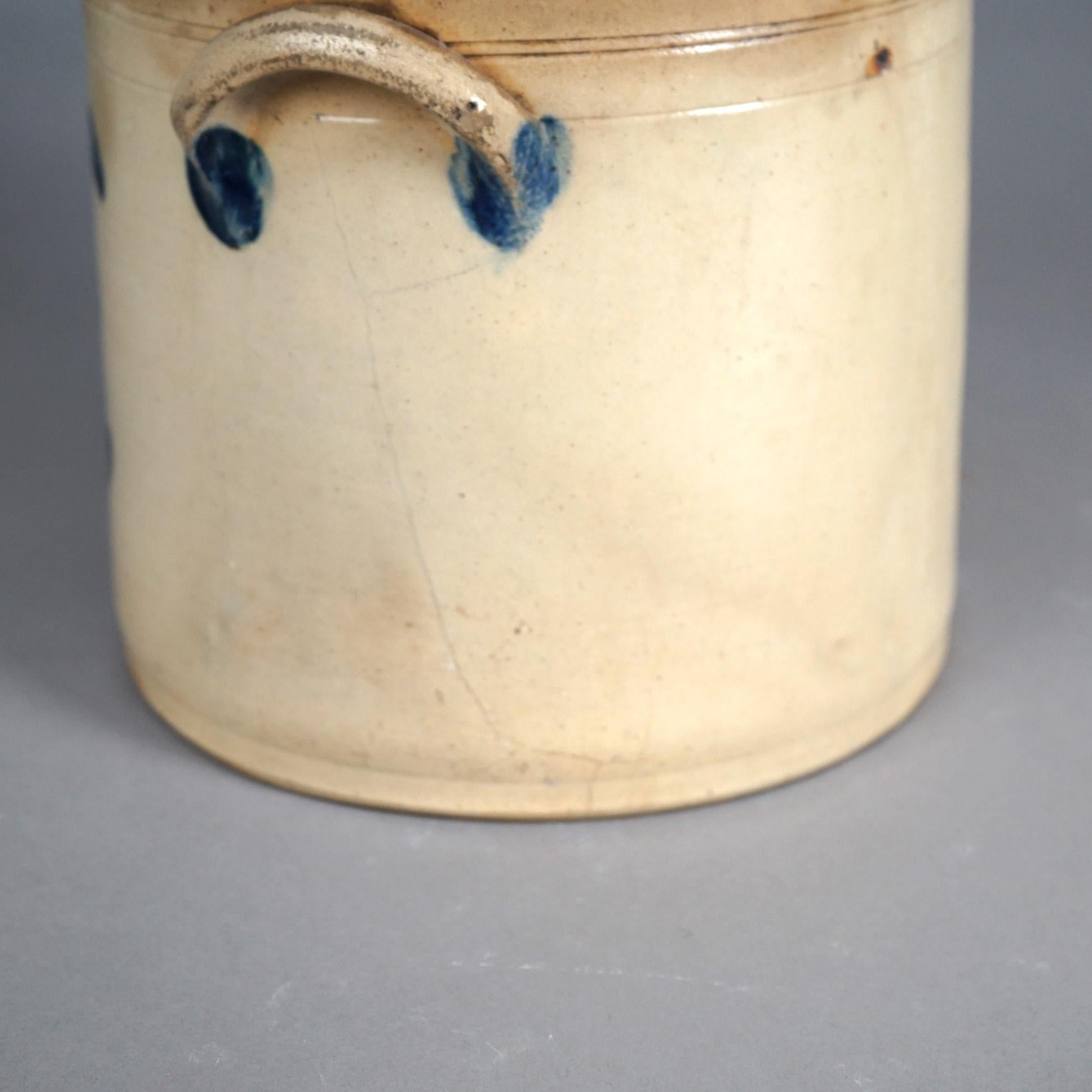Antique Salt Glazed T. Harrington Lyons Blur Decorated Stoneware Crock  c1870 1
