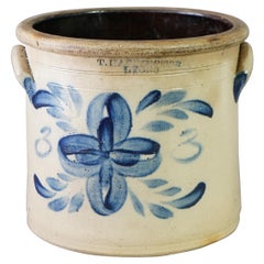 Antique Salt Glazed T. Harrington Lyons Blur Decorated Stoneware Crock c1870