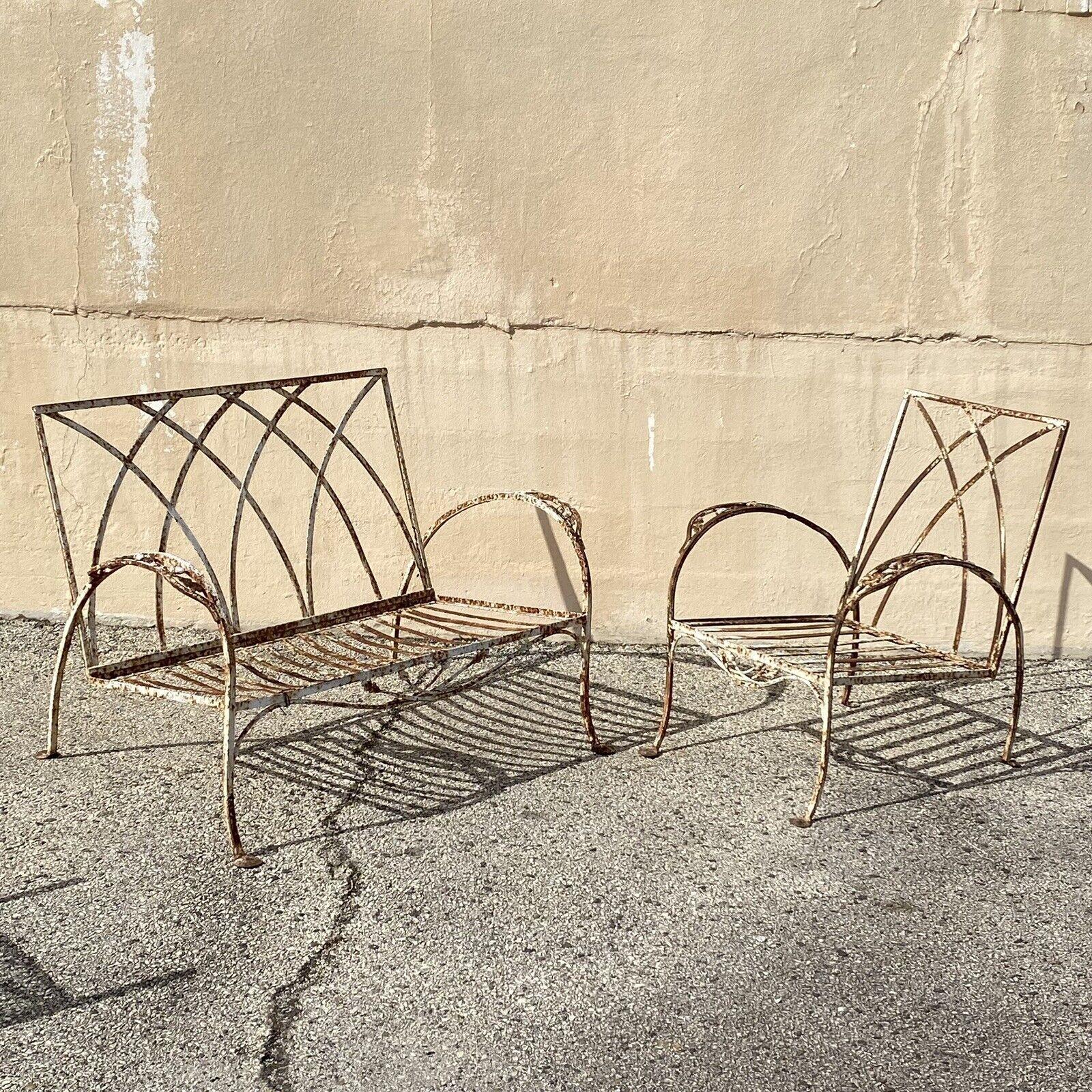 Antique Salterini Mt Vernon Art Deco Wrought Iron Garden Patio Settee Chair Set - 2 Pcs. Circa Early to Mid 20th Century.
Measurements: 
Settee: 33