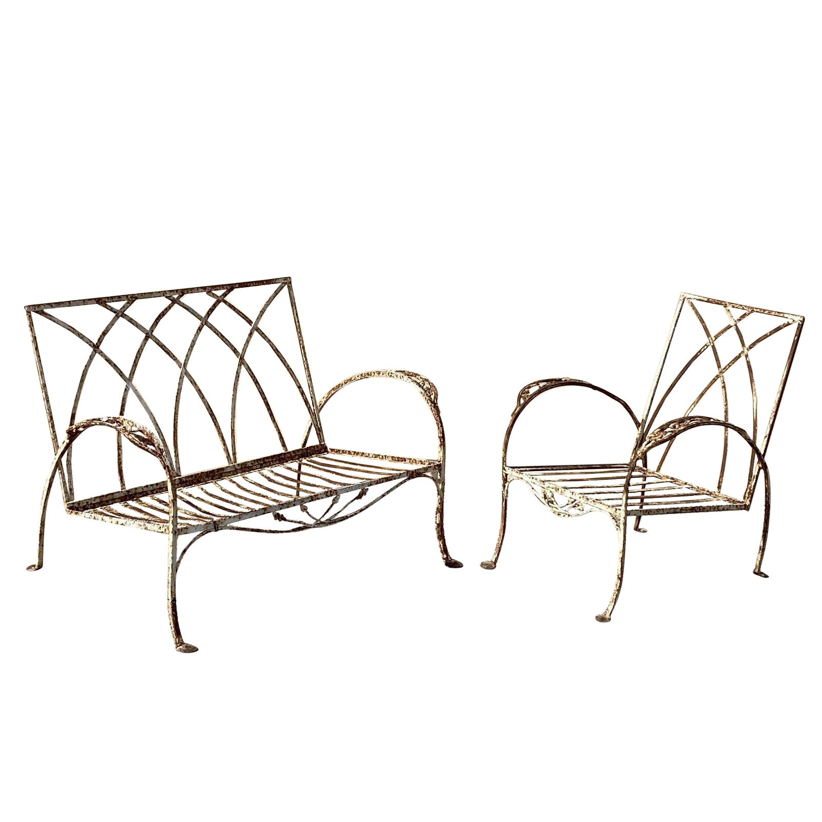 Antique Salterini Mt Vernon Art Deco Wrought Iron Garden Patio Settee Chair Set