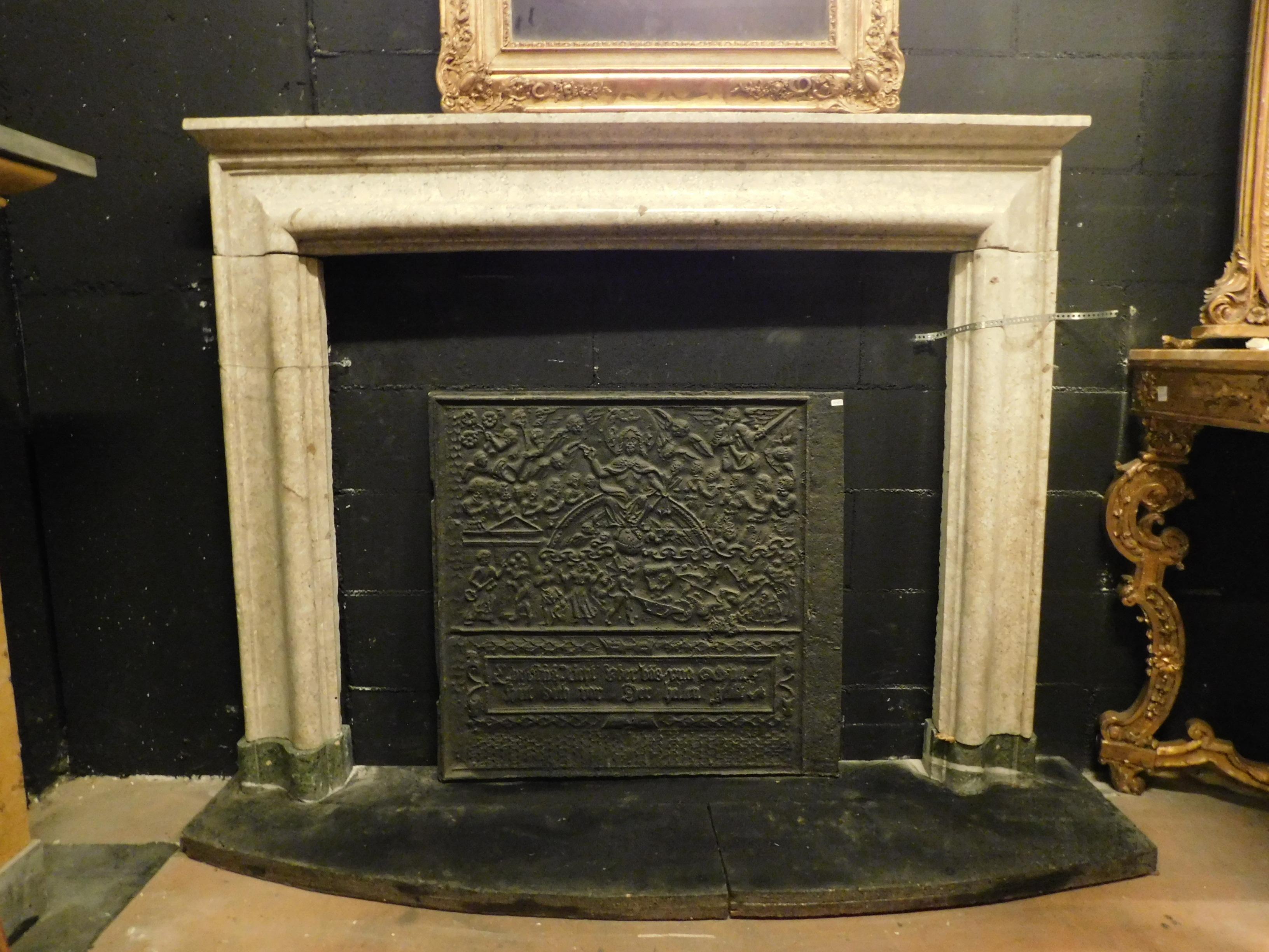 Antique Salvator Rosa fireplace in gray Gassino marble (precious Italian marble) and plinths / feet of the fireplace in green alps marble, built and sculpted by hand in the 17th century, is called Salvator Rosa as it derives from the molura with
