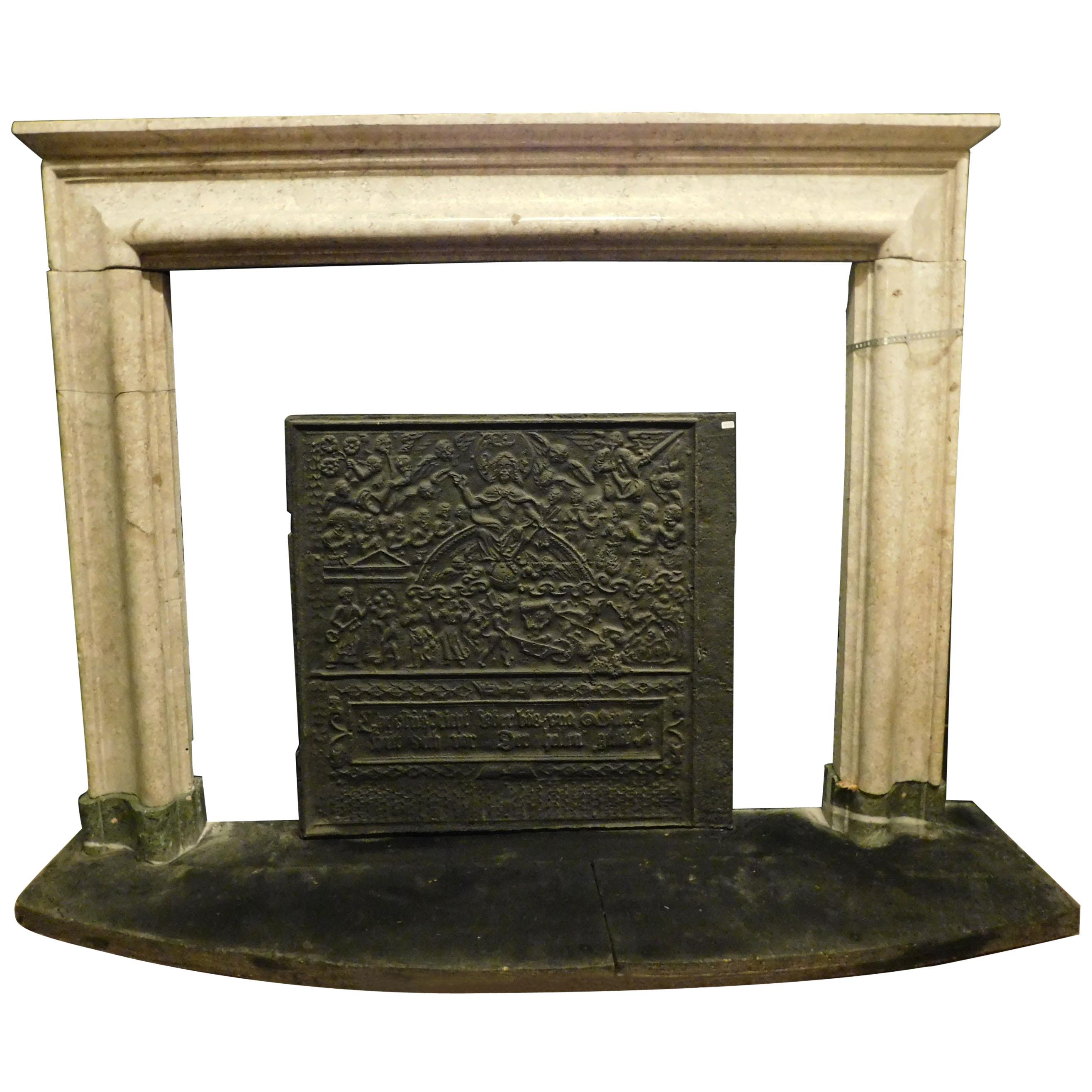 Antique Salvator Rosa Fireplace Mantle in Gray and Green Marble, '600 Italy For Sale