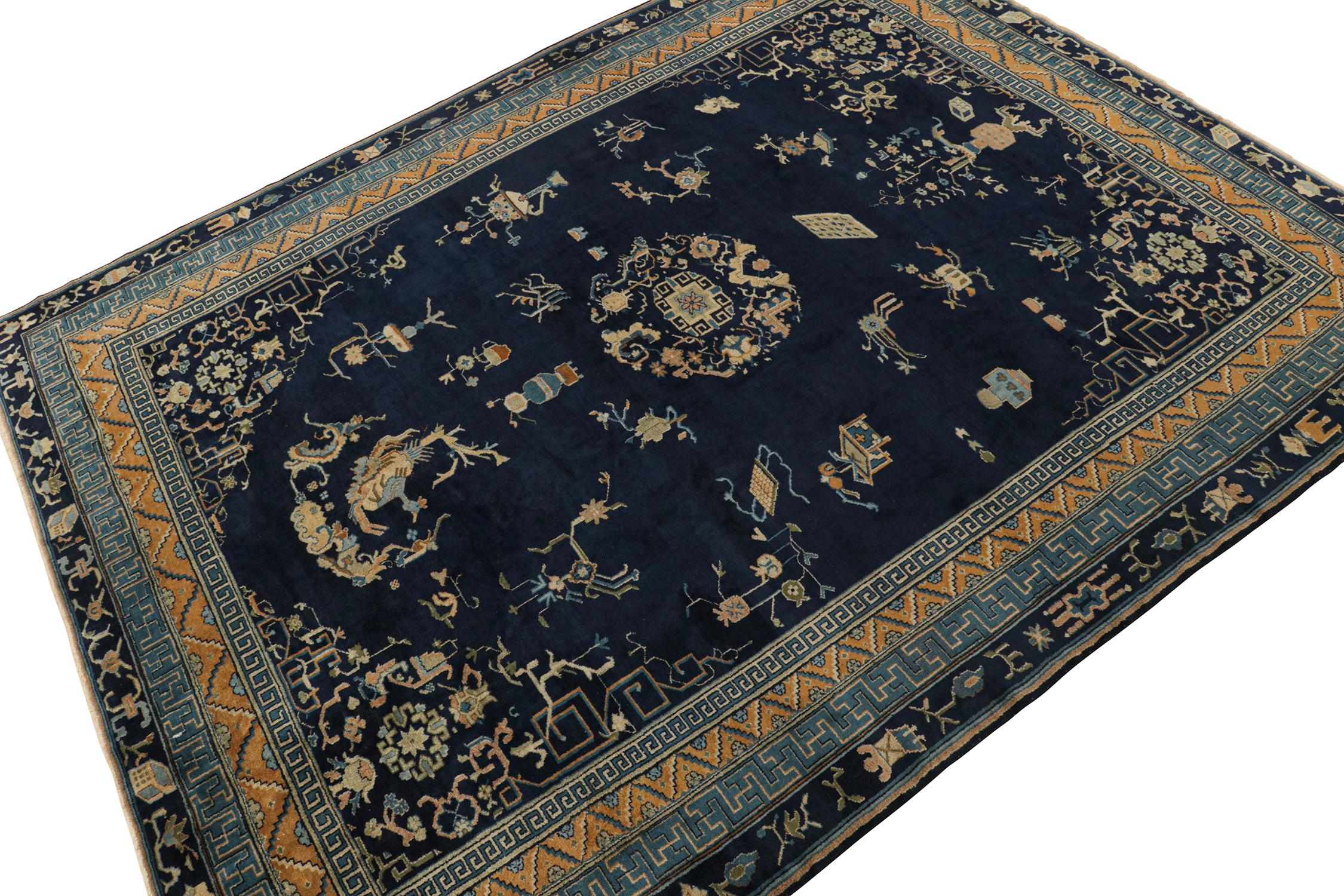 Chinese Antique Samarkand Art Deco Rug in Navy Blue with Medallions by Rug & Kilim For Sale
