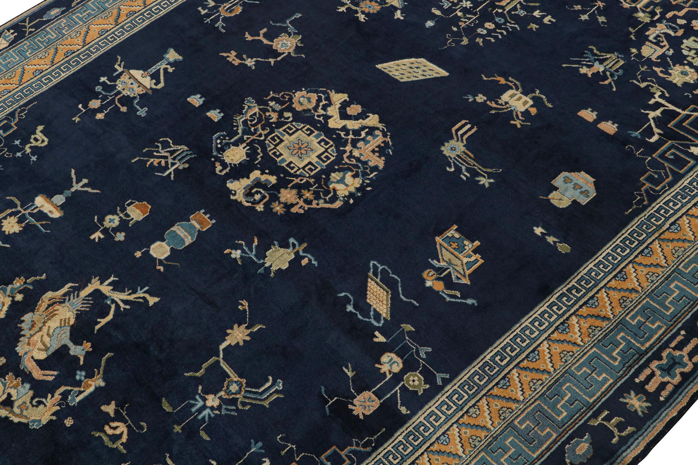 Hand-Knotted Antique Samarkand Art Deco Rug in Navy Blue with Medallions by Rug & Kilim For Sale