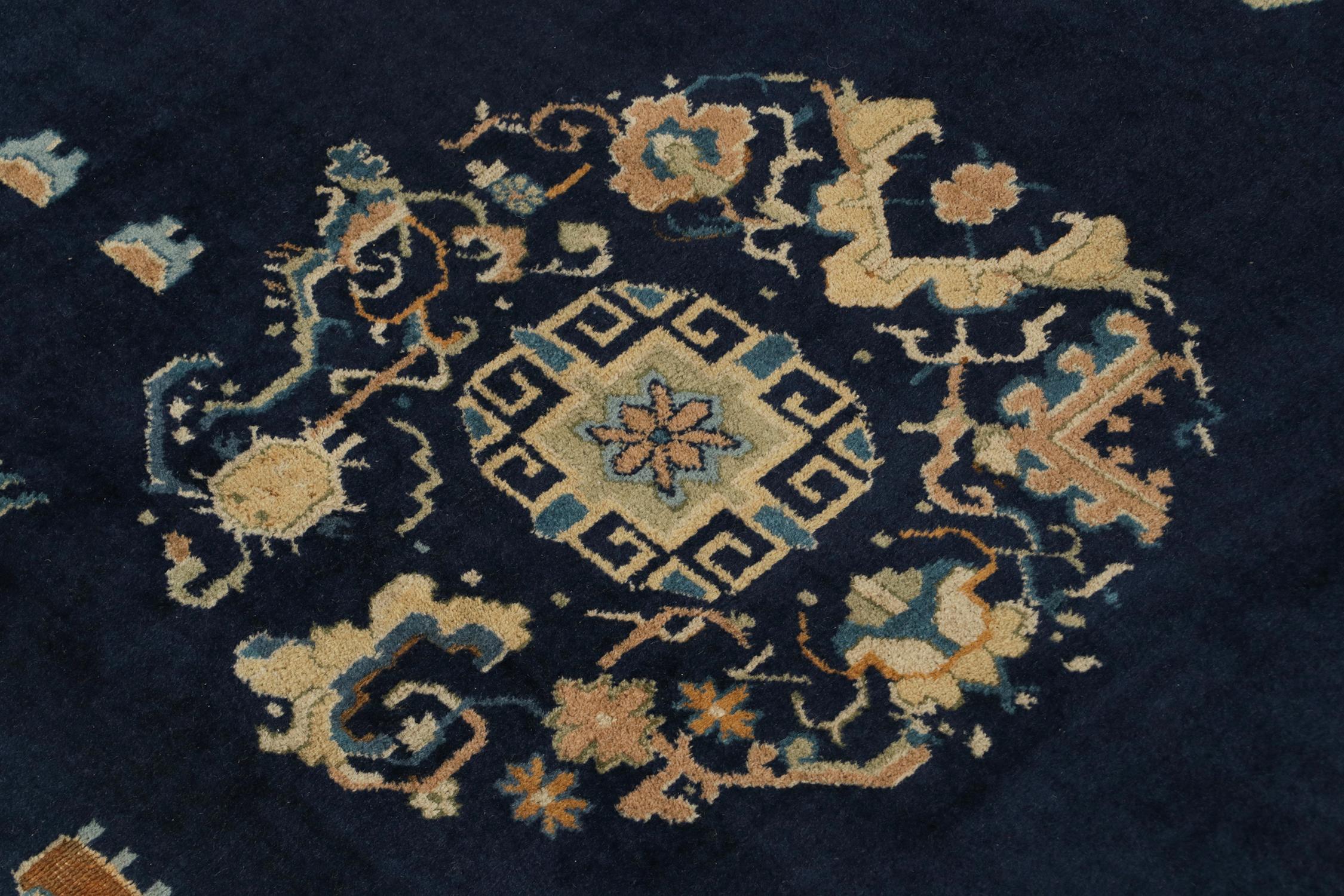 Early 20th Century Antique Samarkand Art Deco Rug in Navy Blue with Medallions by Rug & Kilim For Sale