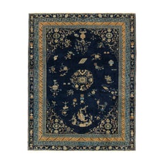 Tappeto antico Samarcanda Art Deco in blu navy con medaglioni di Rug & Kilim