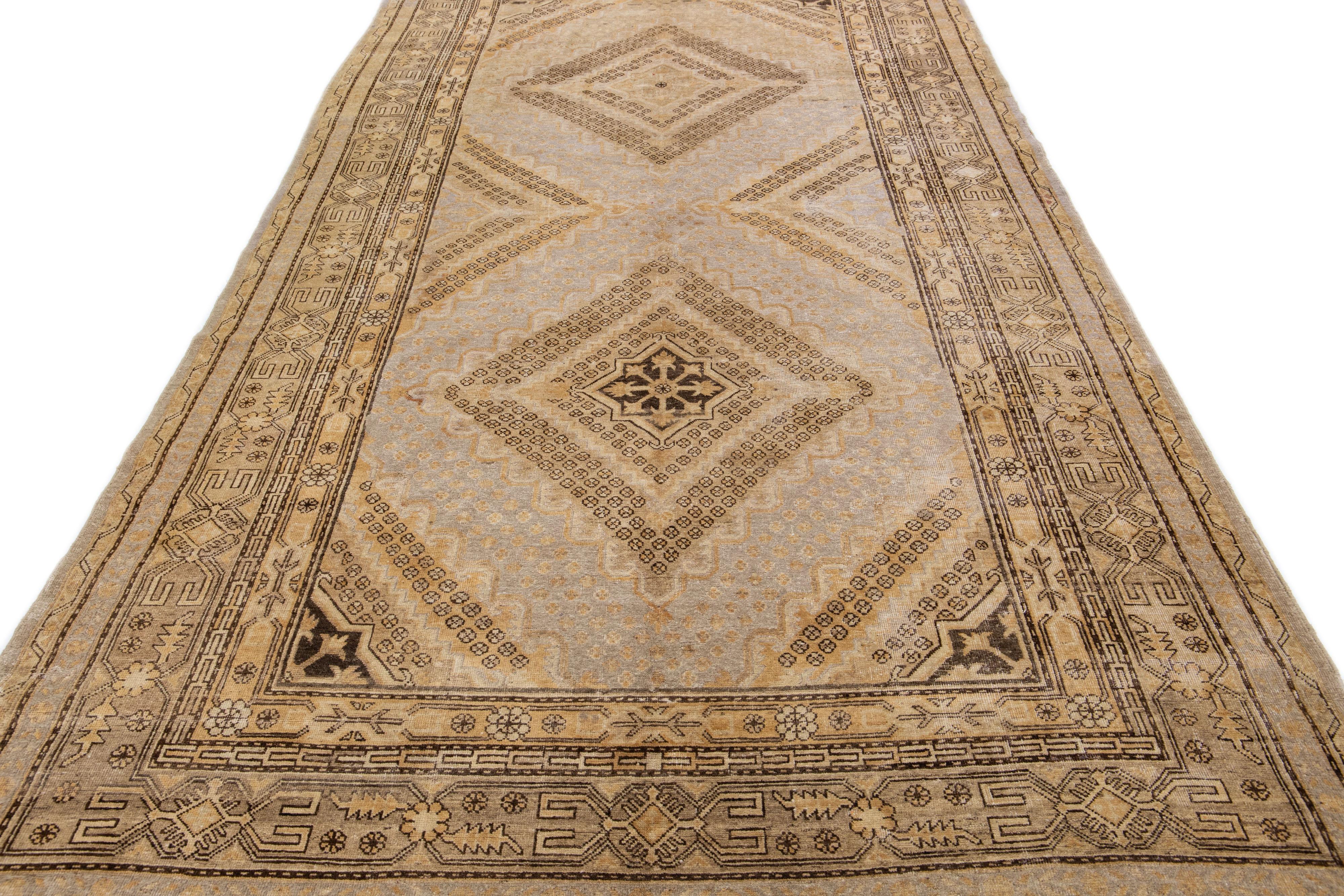 Khotan Antique Samarkand Handmade Tan & Gray Wool Rug Tribal Motif For Sale