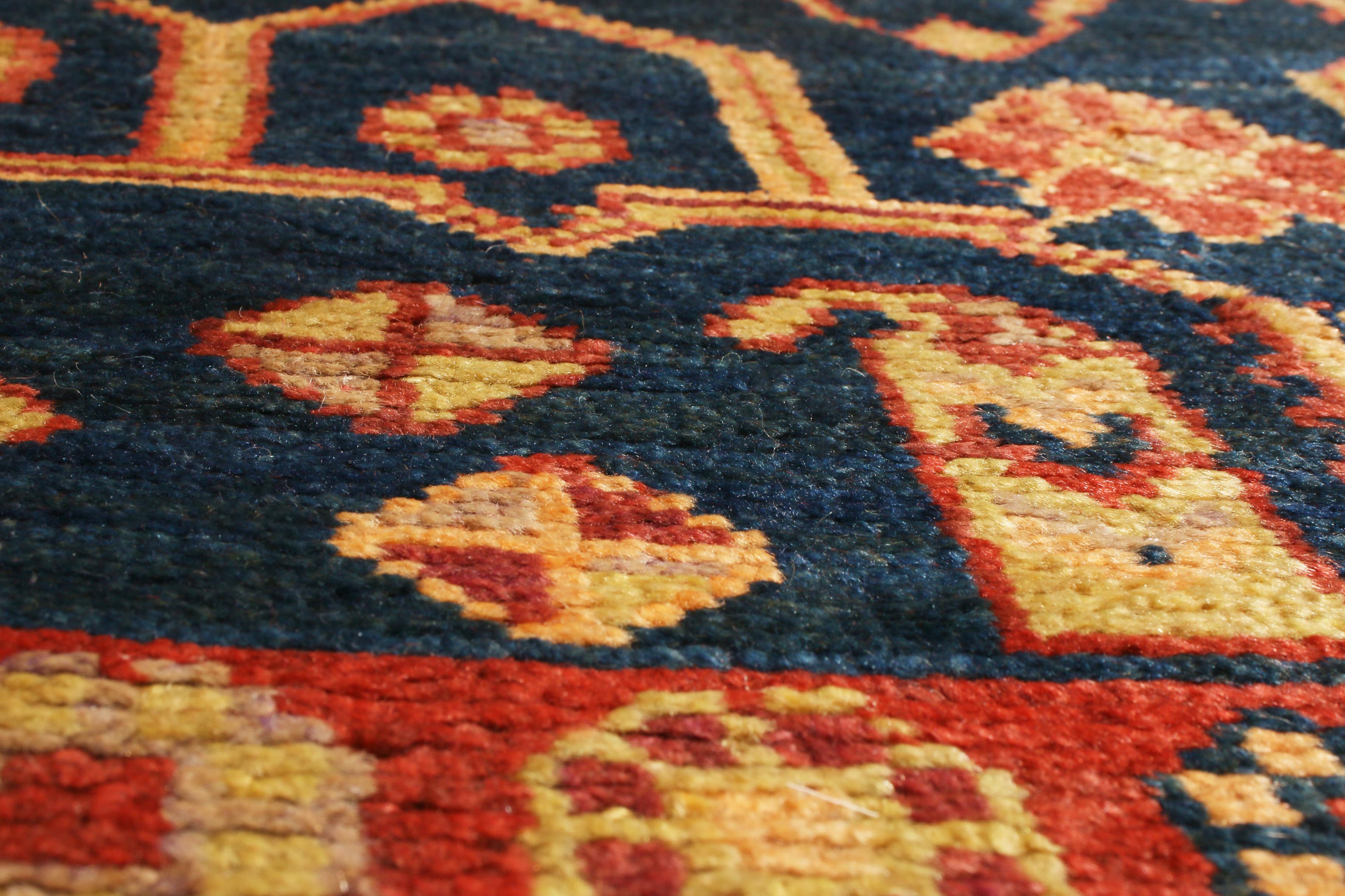 Hand-Knotted Antique Samarkand Khotan Traditional Red and Blue Wool Rug