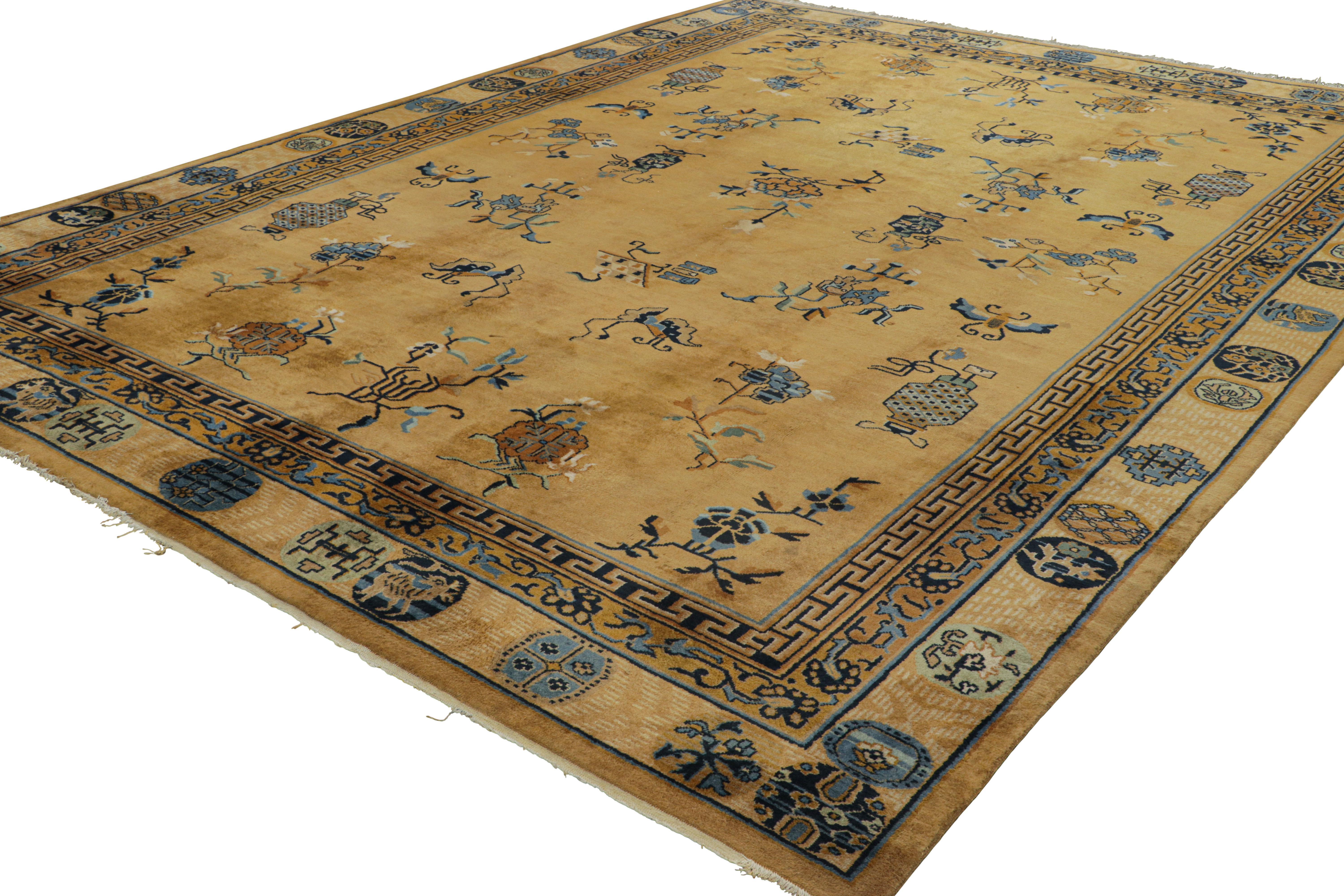 Hand-Knotted Antique Samarkand Rug in Gold with Floral Pattern and Pictorials - Rug and Kilim For Sale