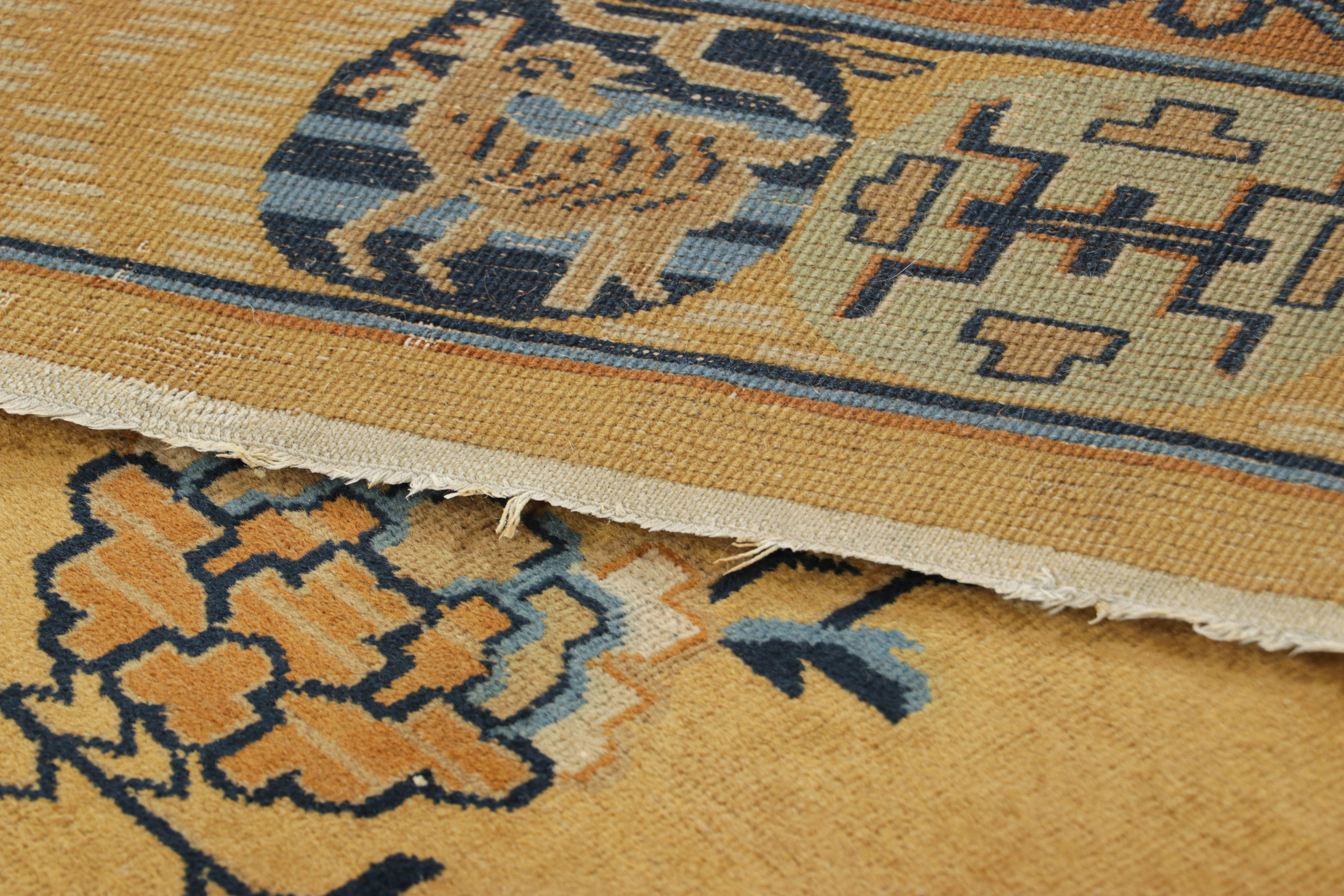 Wool Antique Samarkand Rug in Gold with Floral Pattern and Pictorials - Rug and Kilim For Sale
