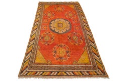 Antique Samarkand Wool Rug Handmade with Medallion Pattern In Orange