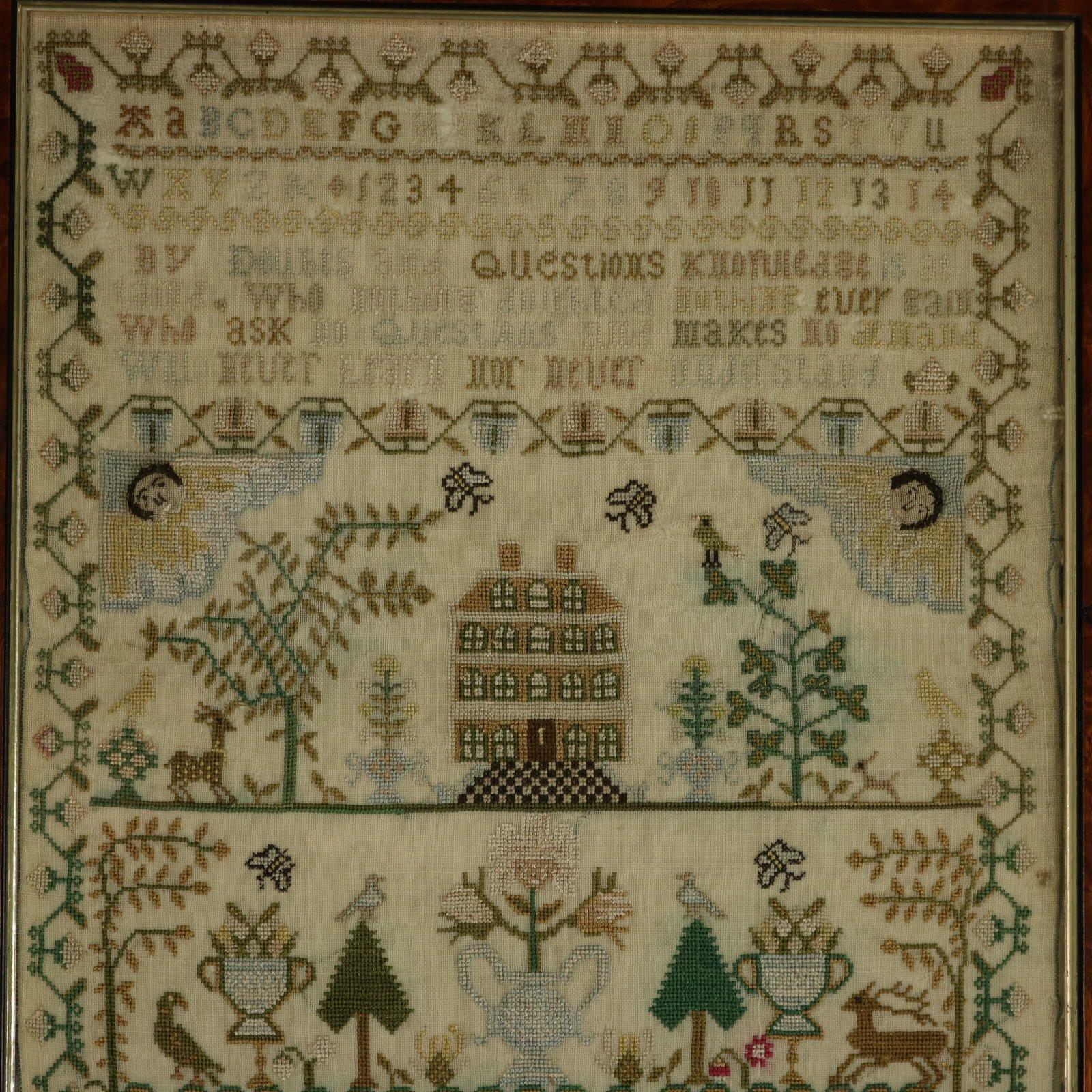 Georgian Sampler, 1783, by Eliz Taylor Aged 9. The sampler is worked in silk threads on a linen ground, mainly in cross stitch. Meandering strawberry border. Colours green, blue, red, dark brown, copper, silver and gold. Alphabets A-Z in upper case
