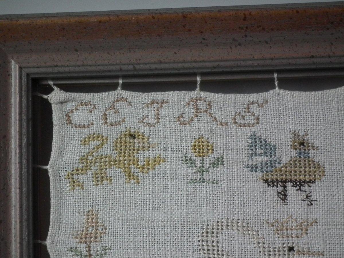 Double sided antique sampler, 1784, of continental European origin. The sampler is worked in silk on linen ground. No border, divider lines in various patterns. Colours brown, cream, blue, yellow, green, pink, black and grey. Alphabets A-Z in upper