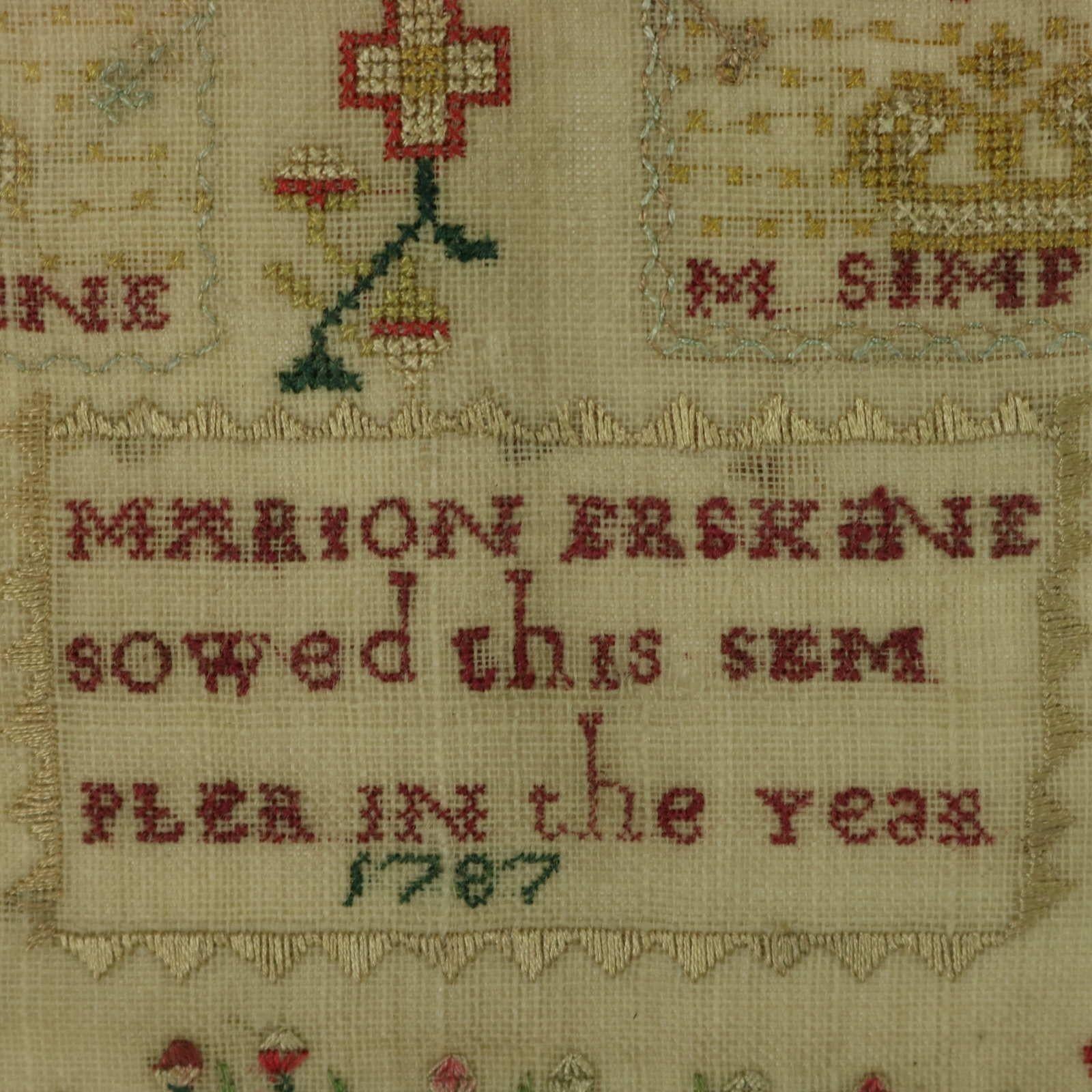Silk Antique Sampler, 1787, by Marion Erskine For Sale