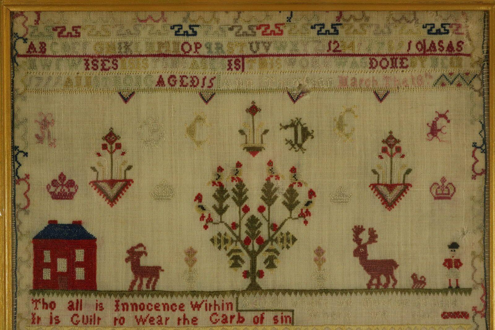 Sampler géorgien, 1799, par Anne Strong. Le sampler est réalisé en laine fine et en soie sur un fond de lin, au point de croix. Bordure curviligne inhabituelle. Couleurs : rouge, jaune, brun clair, rose, vert et bleu. Alphabets de A à Z en