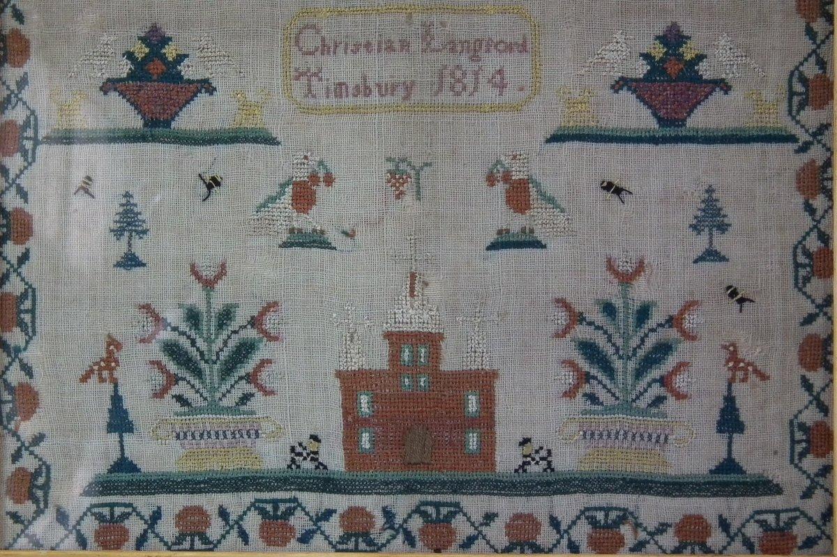 1814 Sampler by Christian Langford. The sampler is worked in silk on linen ground, in a variety of stitches. Meandering strawberry border. Colors copper, cream, yellow, purple, greens and pink. Verses read 'Jesus permit thy gracious name to