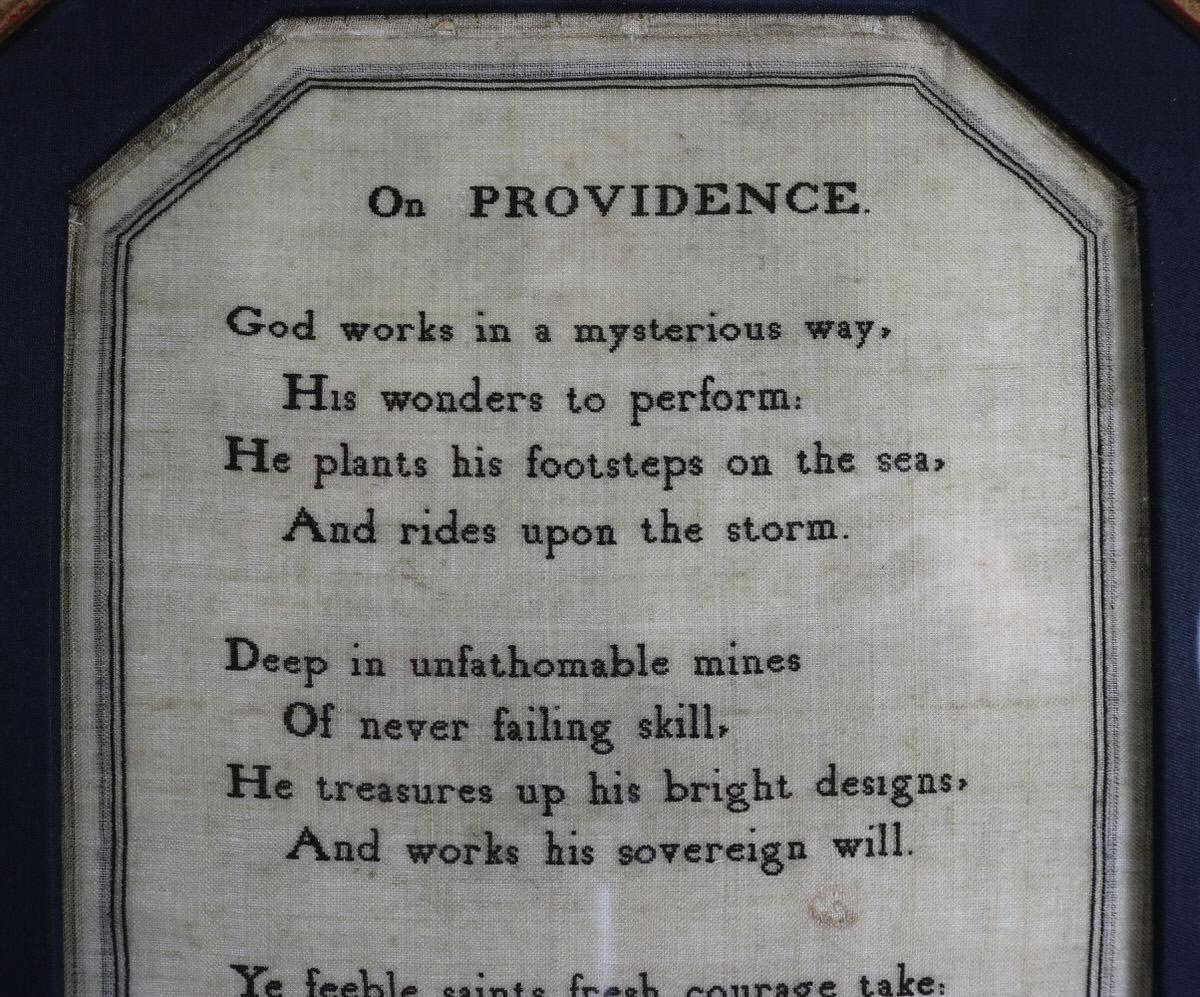 1814 Ackworth School Sampler, by Deborah Smith. The sampler is worked in black silk thread on a linen ground. Simple line border. Verse entitled 'On PROVIDENCE' reads, 'God works in a mysterious way, His wonders to perform: He plants his footsteps